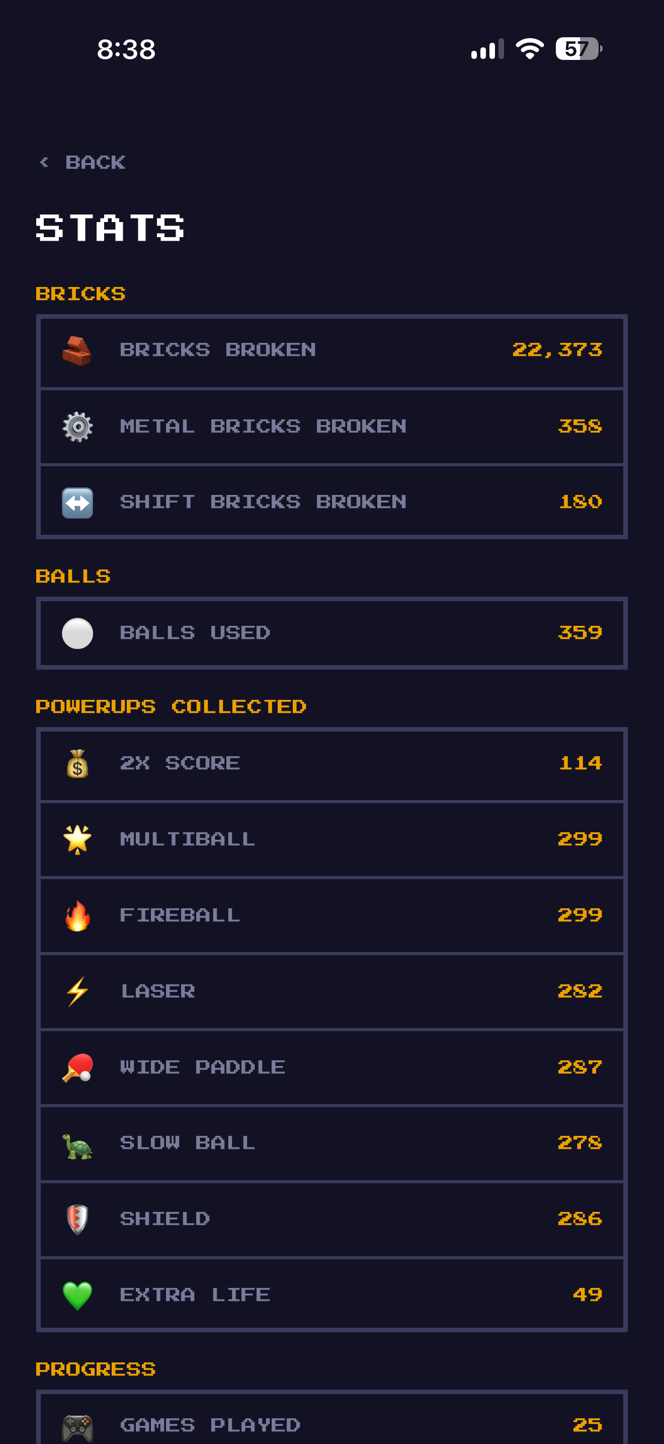 The stats screen, with lifetime totals for bricks broken, balls used, powerups collected, and games played.