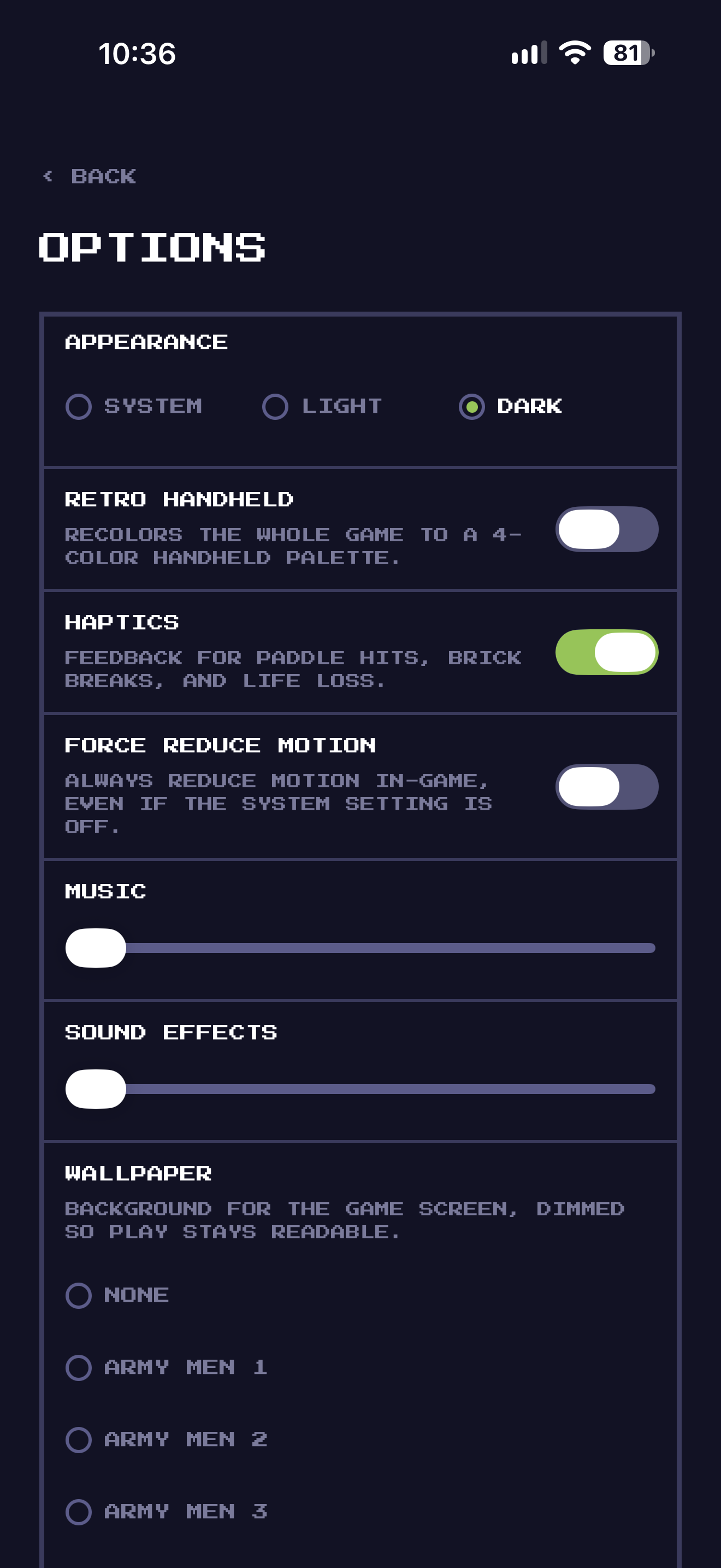 The same options screen in dark mode.