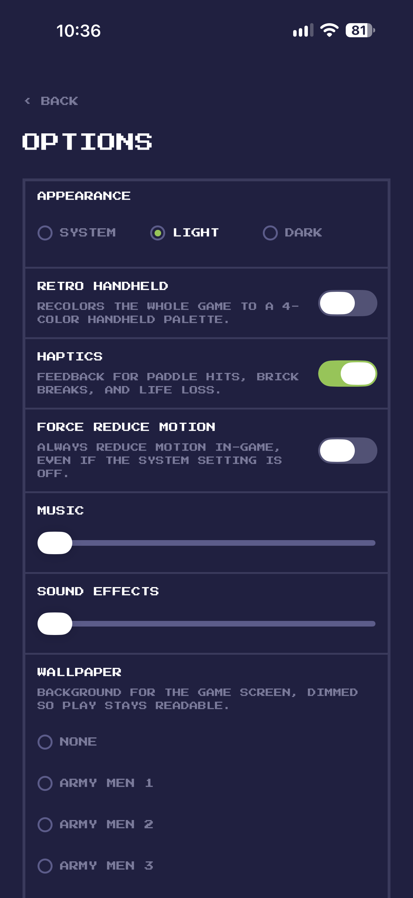 The options screen in light mode, with appearance, wallpaper, retro handheld, haptics, motion, and volume controls.