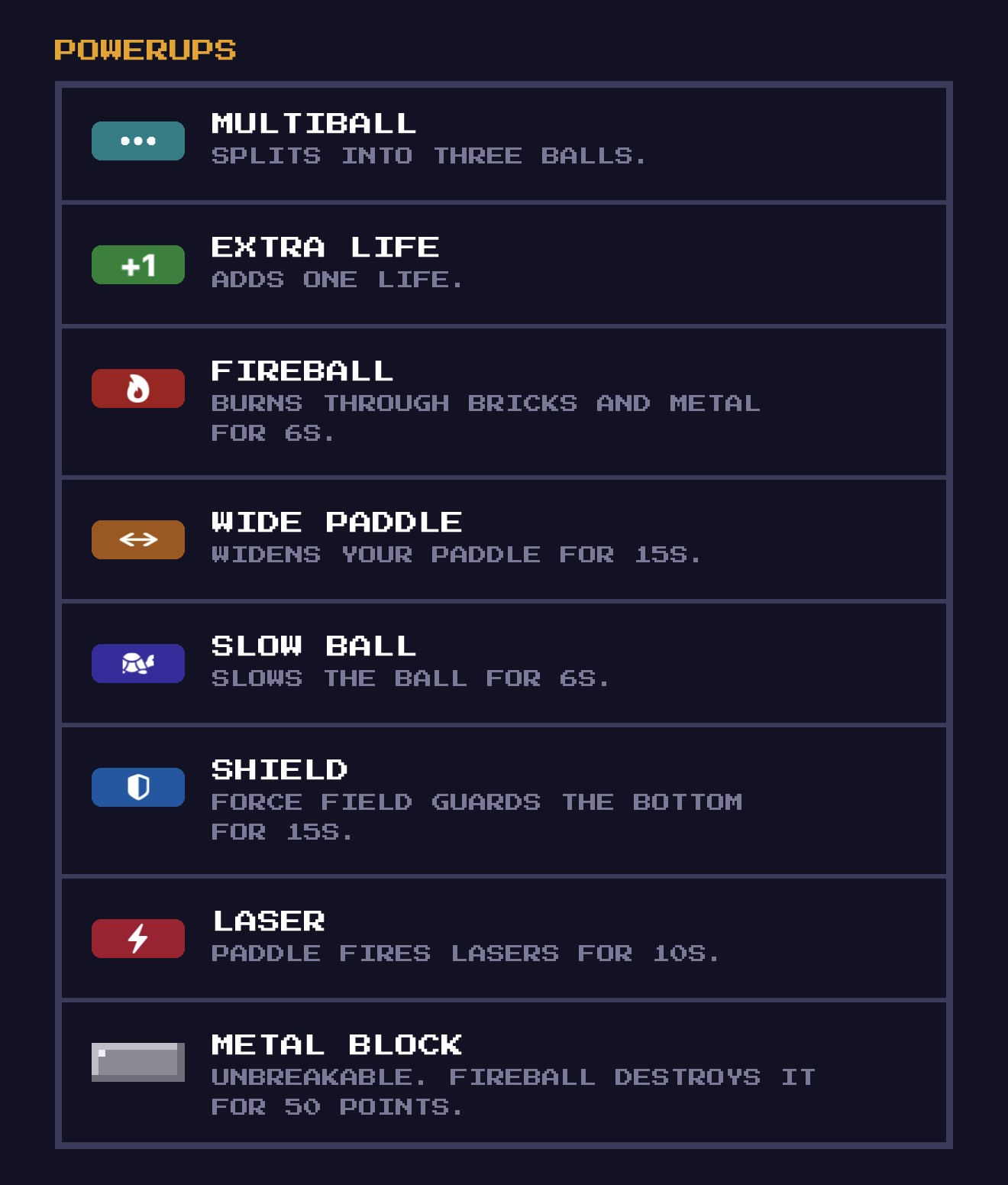 The powerups guide, listing all eight powerups and what each one does.