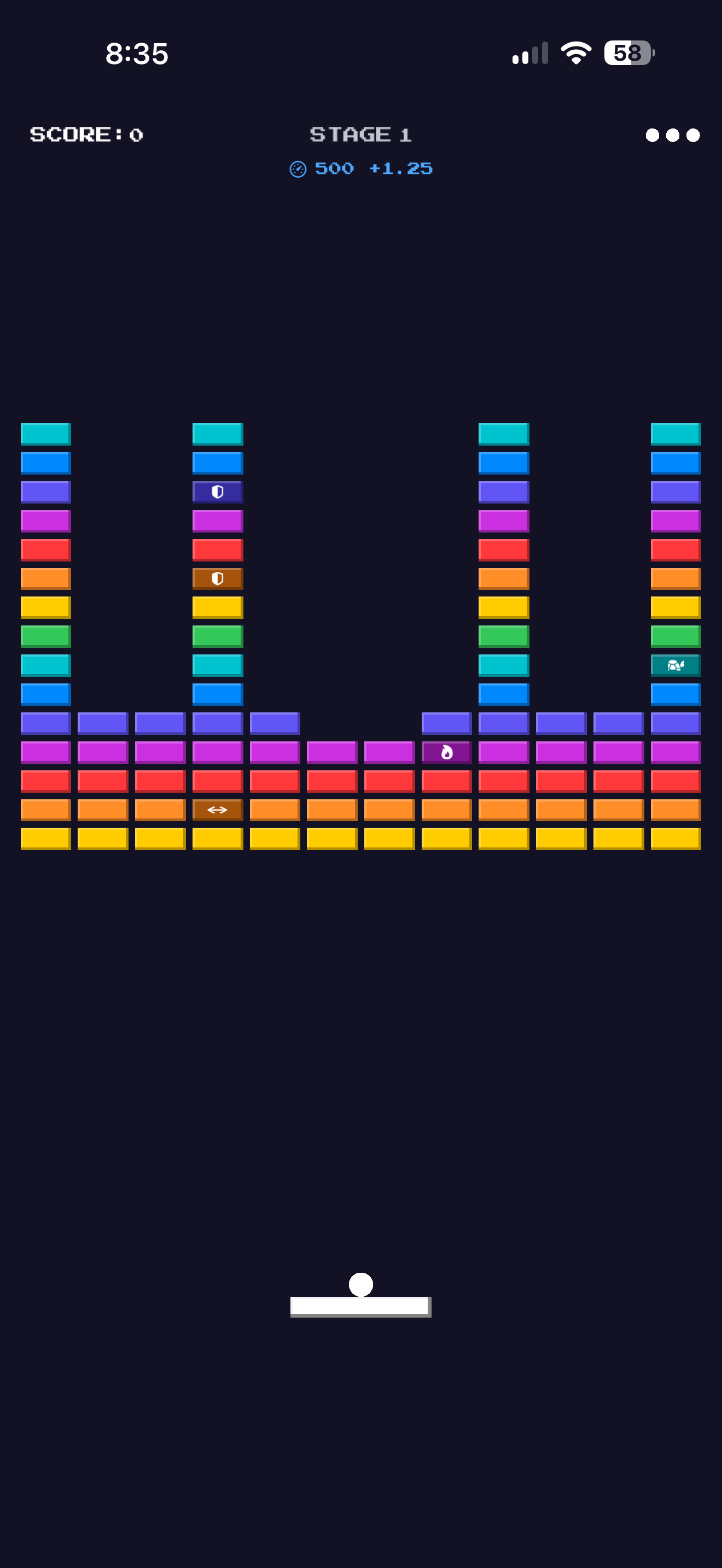 A stage 1 board at the start, with powerup bricks among the columns.
