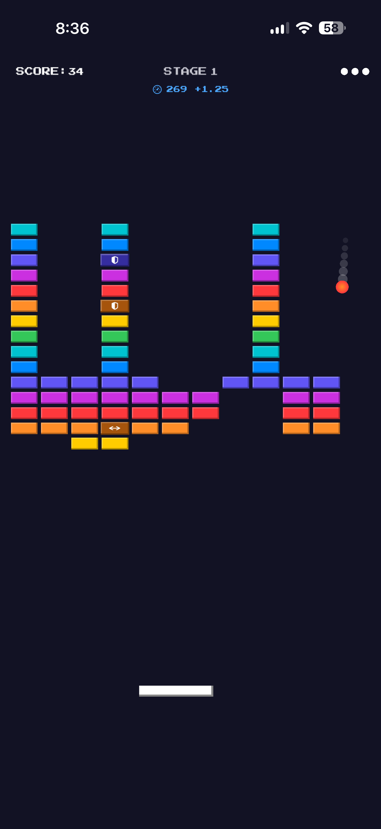 A part-cleared stage 1 board with a fireball descending on the right.