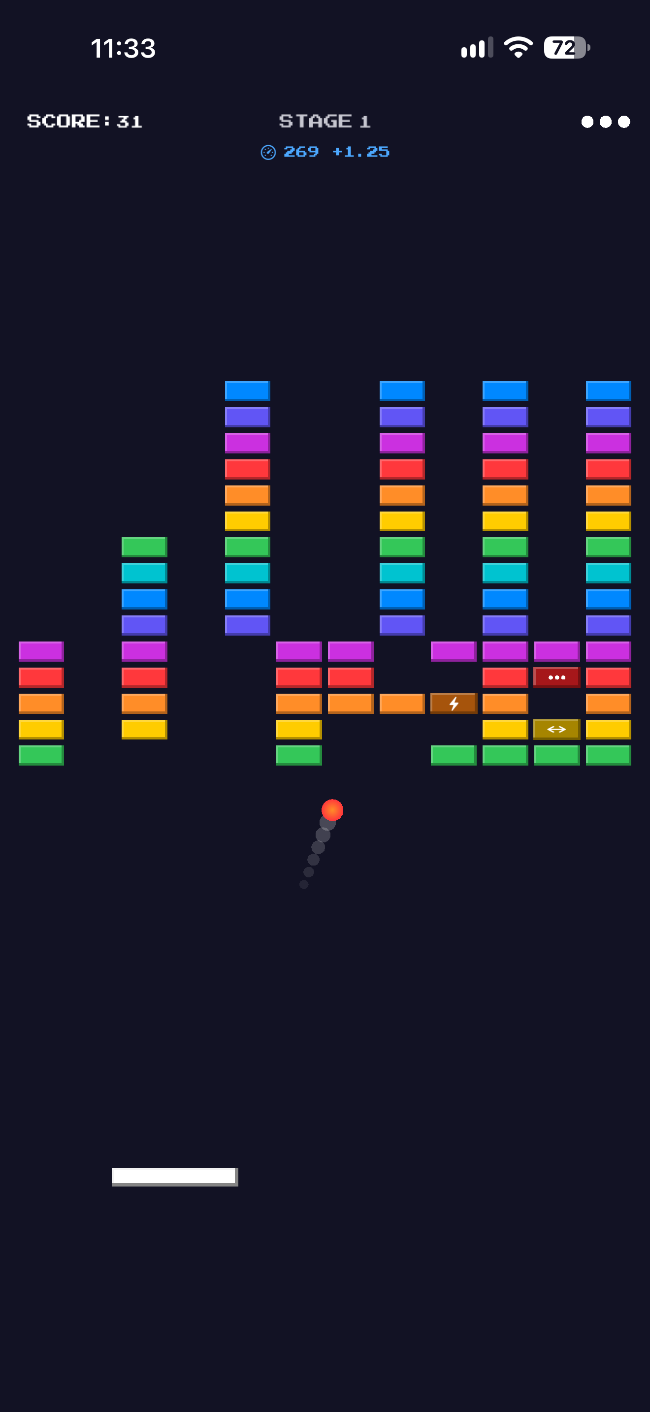 A stage 1 board on the plain in-game background, with the ball mid-descent and a wide paddle powerup among the bricks.