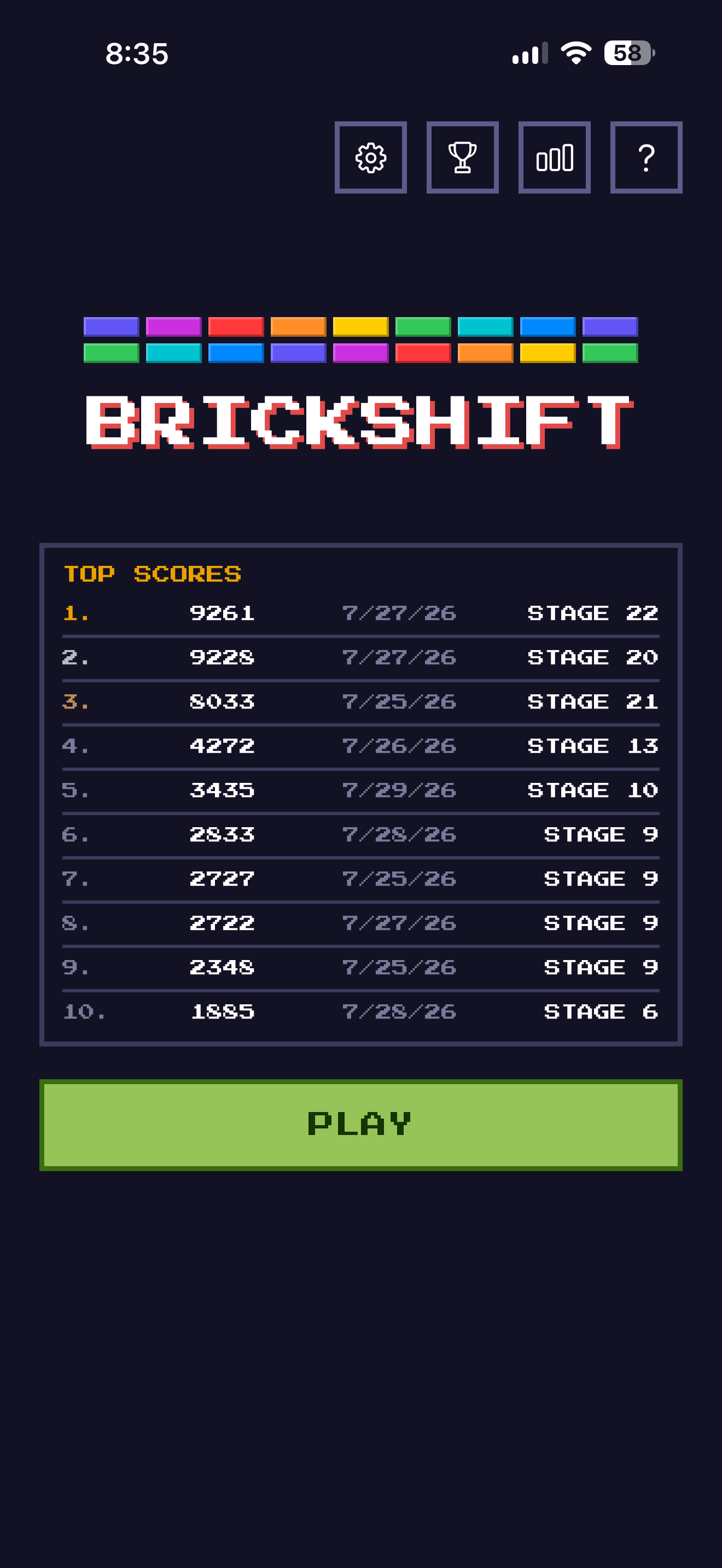 The BrickShift title screen with its top ten runs.