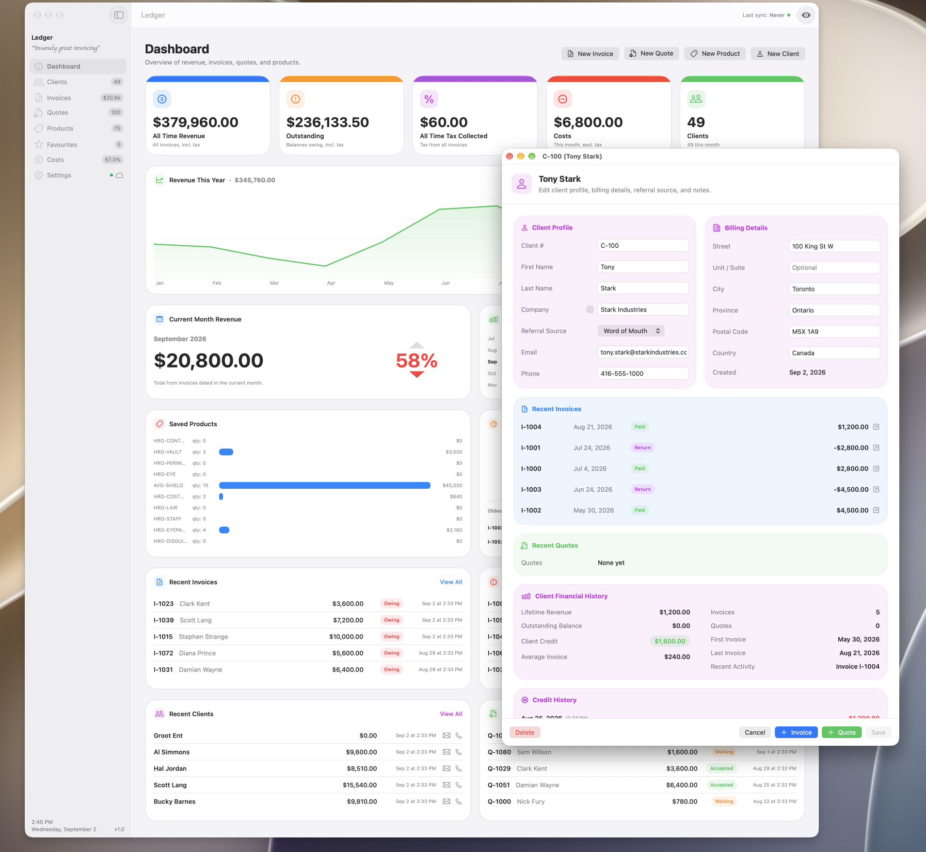 A client record open over the dashboard, showing billing details, recent invoices, and financial history.