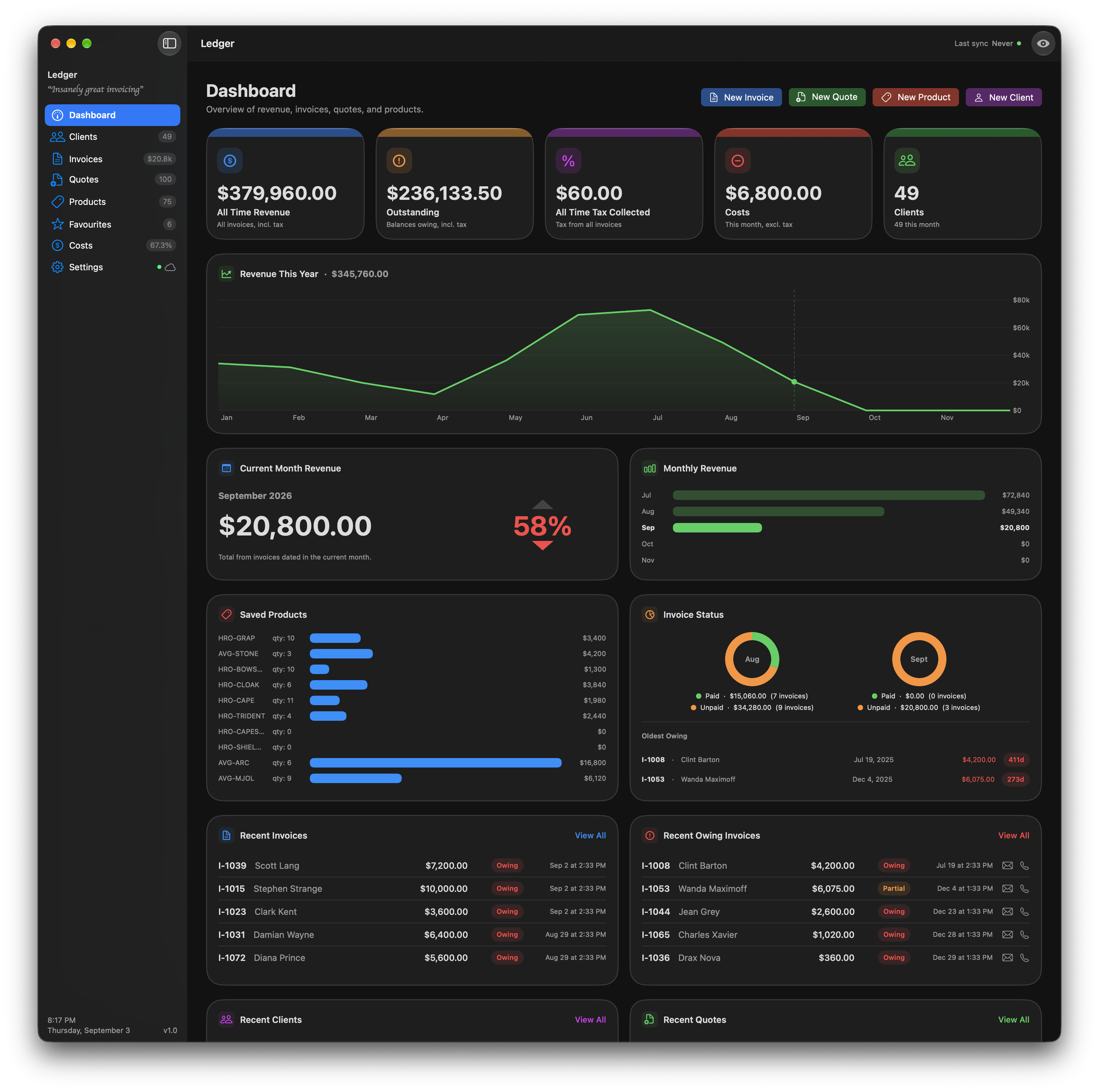 The same dashboard in dark mode.