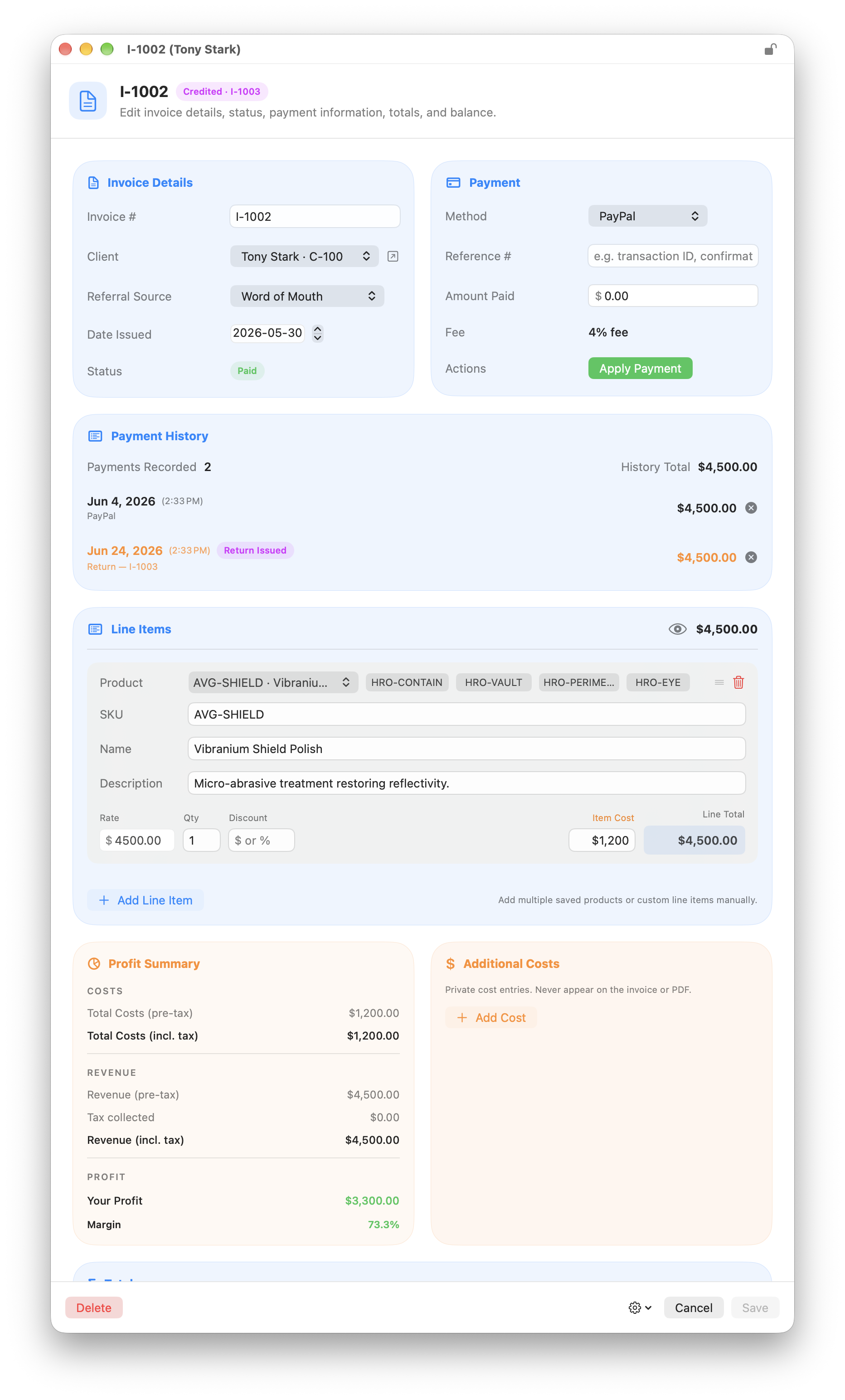 An invoice open for editing, showing payment history, line items, and a profit summary.