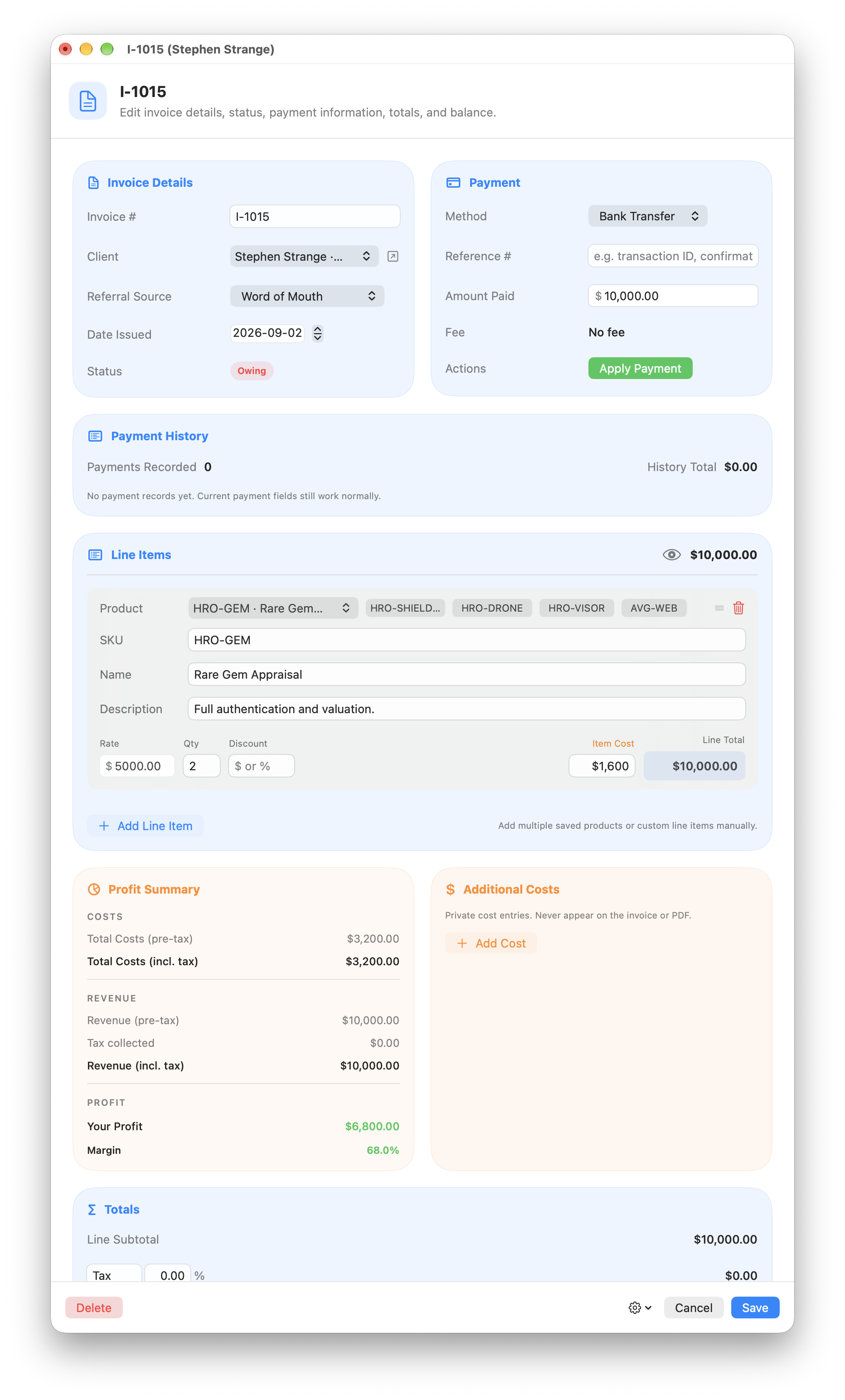 The invoice editor, with line items above a payment history and a profit and margin summary.
