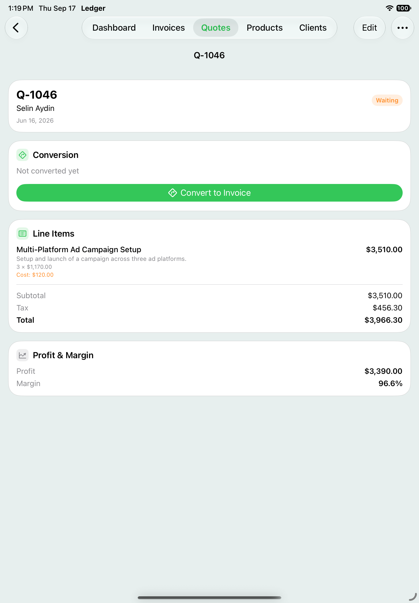 A quote on iPad with its conversion panel, offering to create the invoice from it.