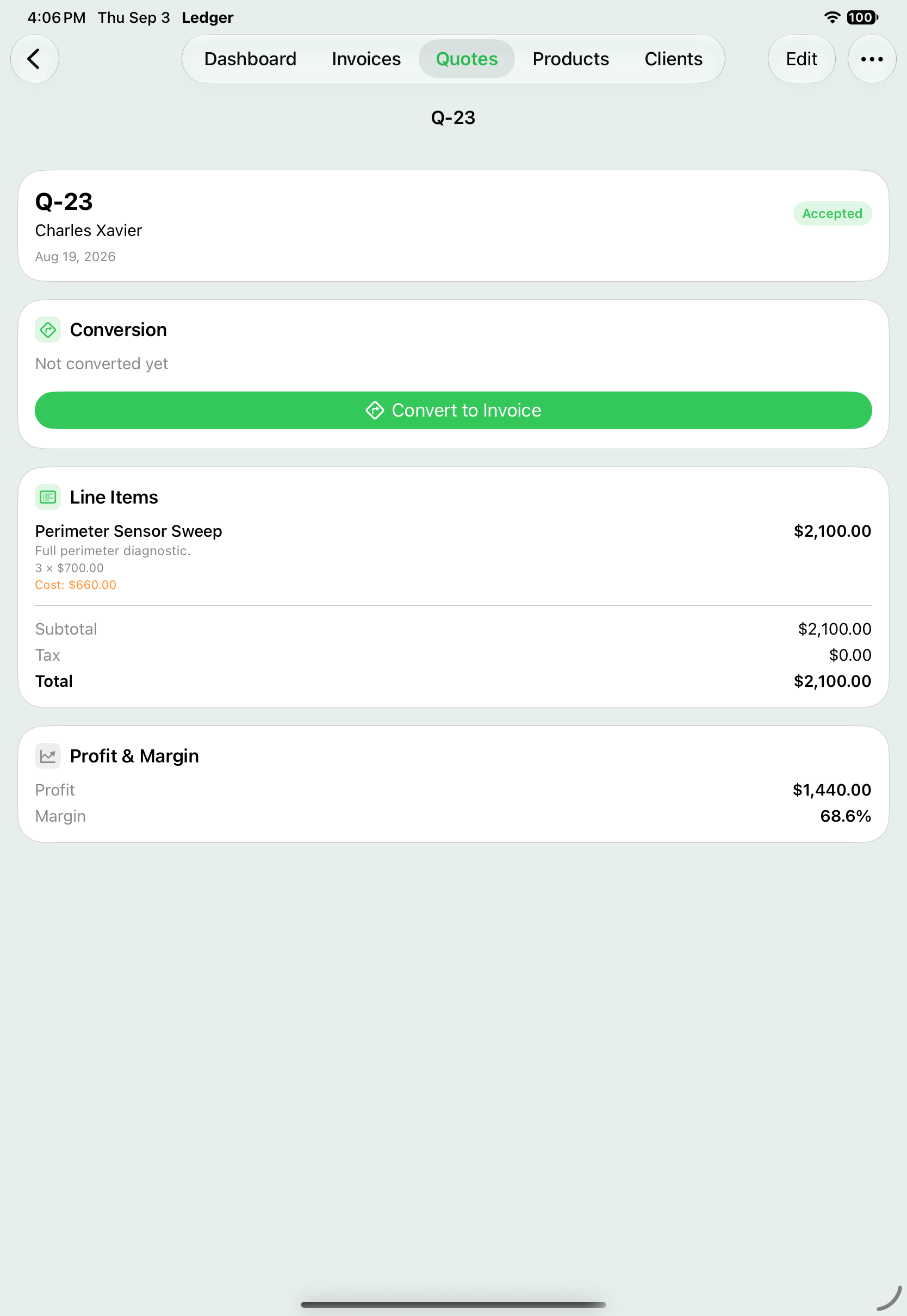 A quote on iPad, one tap from becoming an invoice.