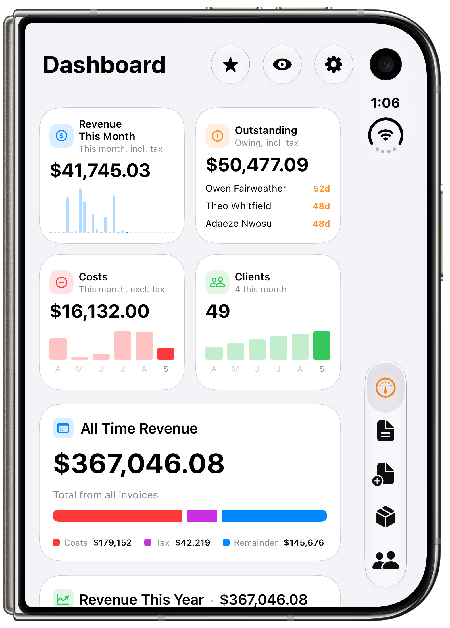 Ledger on iPhone Duo, closed showing the dashboard, and open showing the invoice list beside an invoice.
