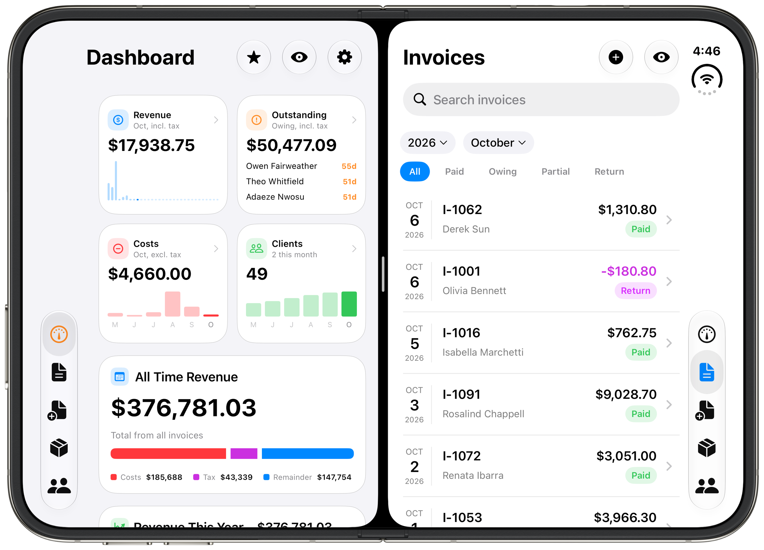 Ledger running in two windows side by side on iPhone Duo, with the dashboard on the left and an invoice on the right.