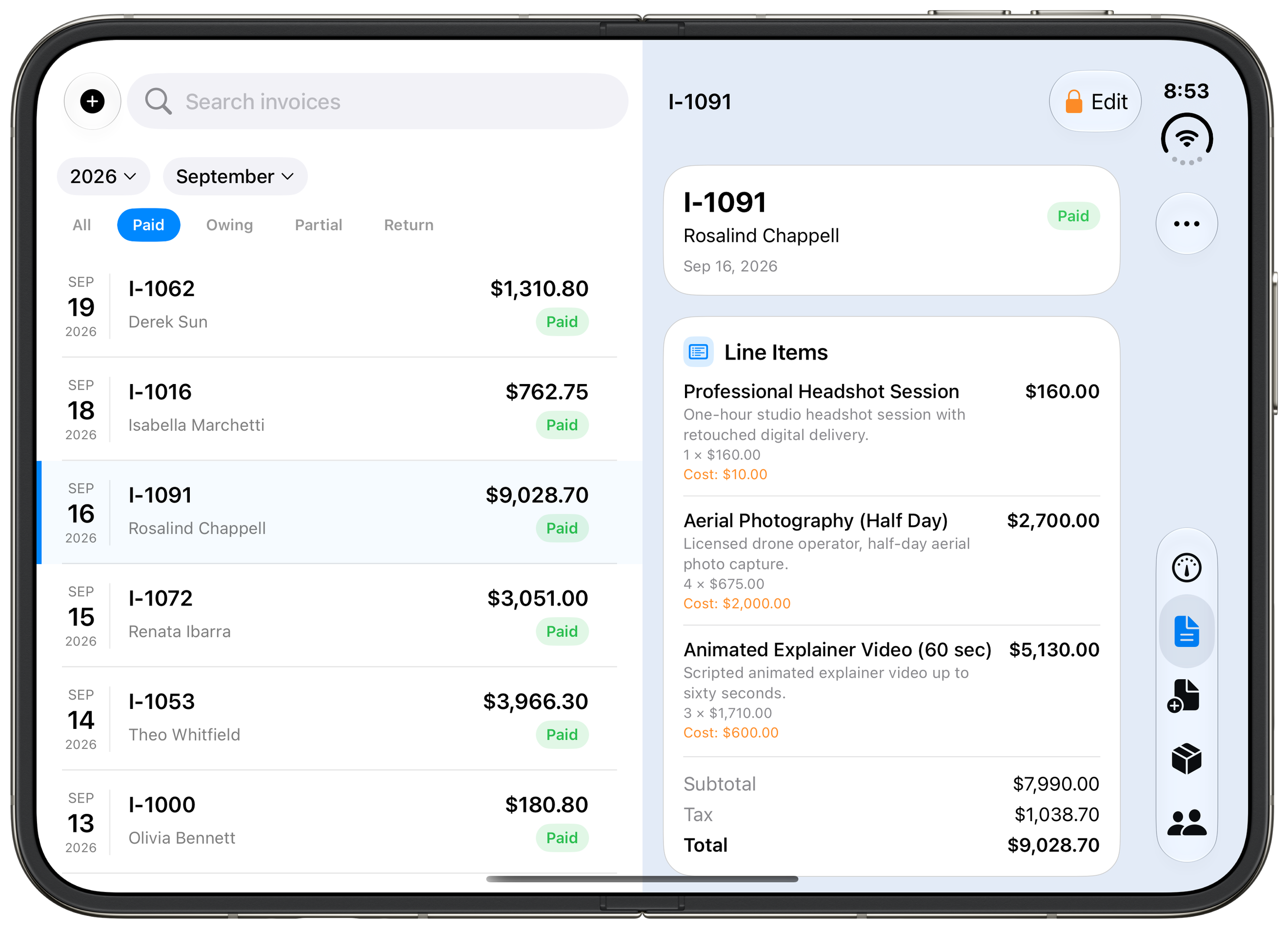 Ledger on iPhone Duo, closed showing the dashboard, and open showing the invoice list beside an invoice.