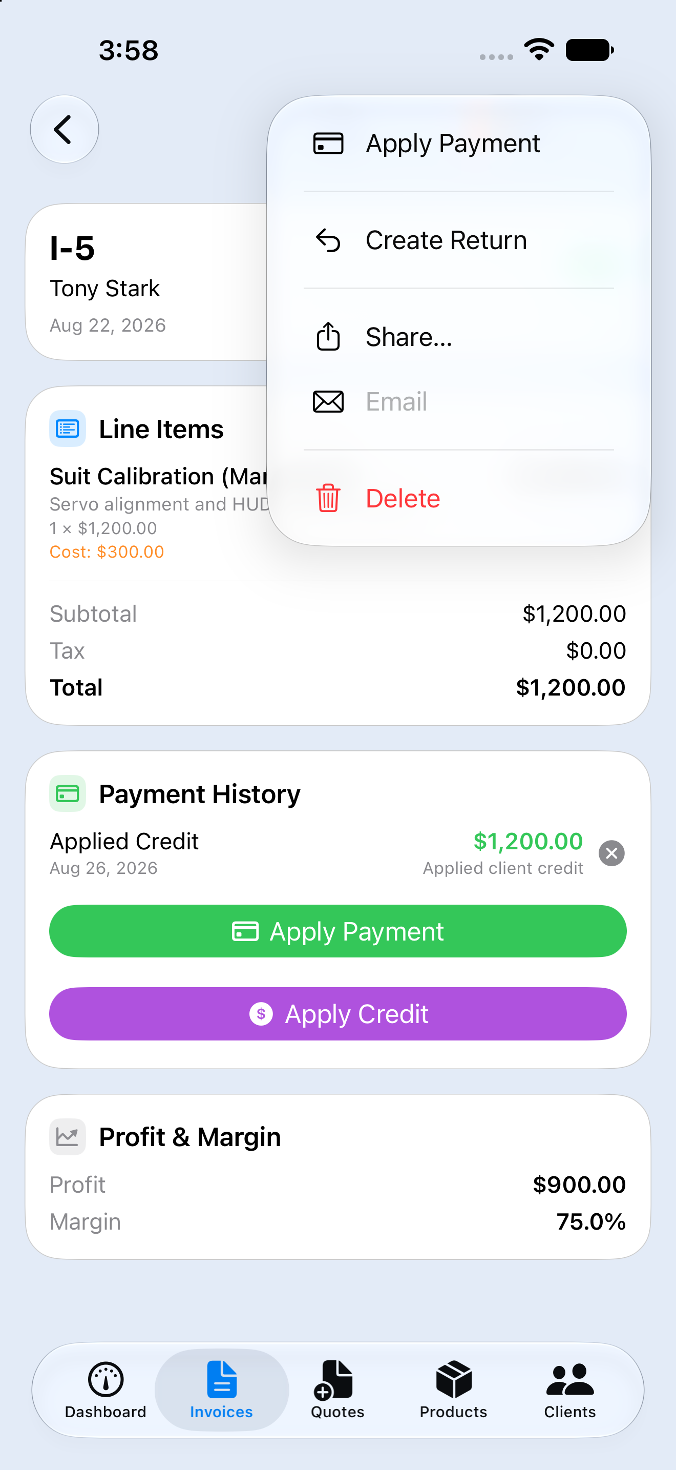An invoice open, with the menu for applying a payment, creating a return or sharing it.