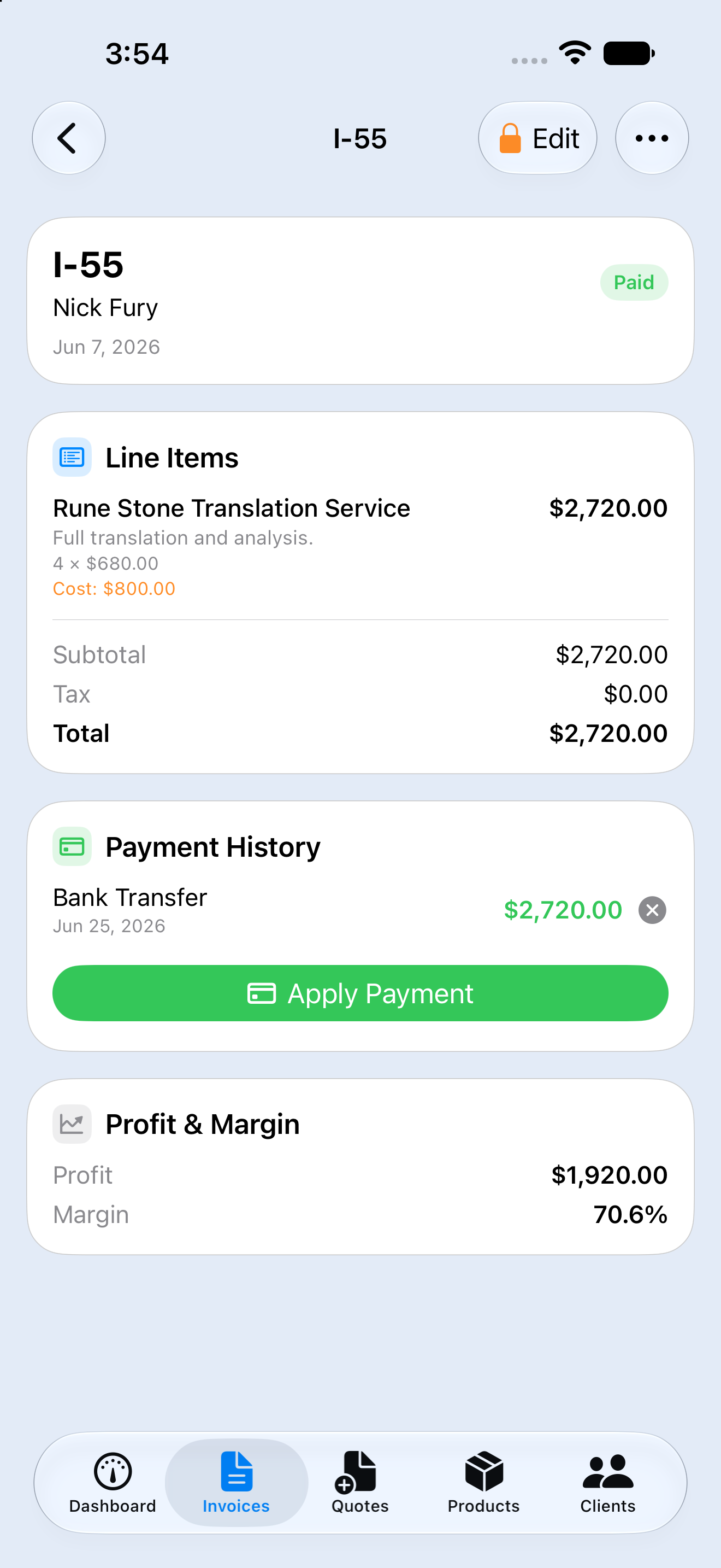 An invoice's line items, payment history and margin, on the phone.