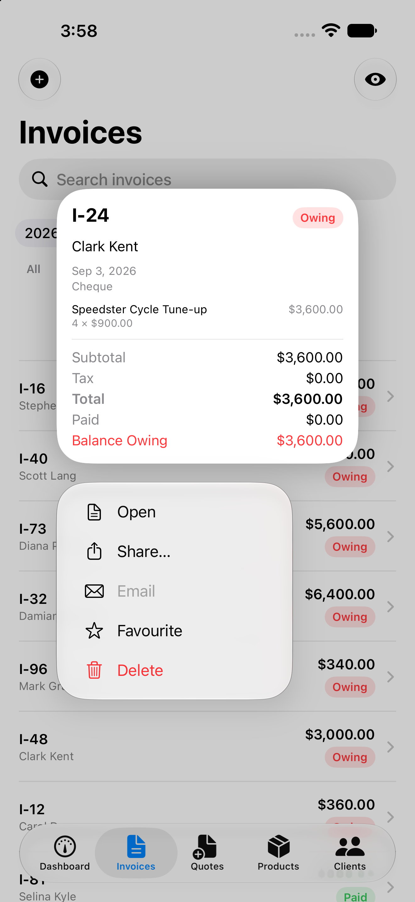 The invoice list, with a press and hold preview and its shortcuts open on one invoice.