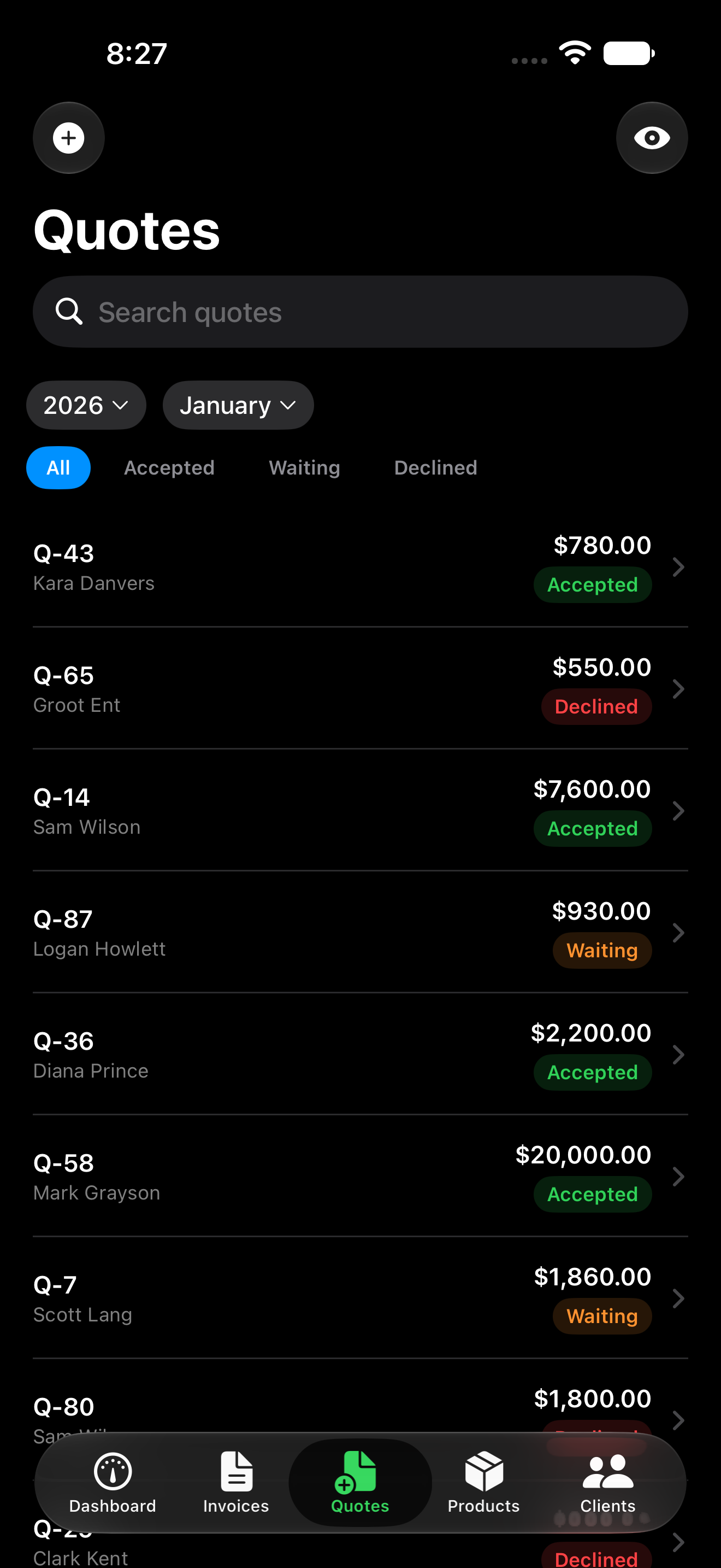 The quotes list in dark mode, with each quote's value and status.