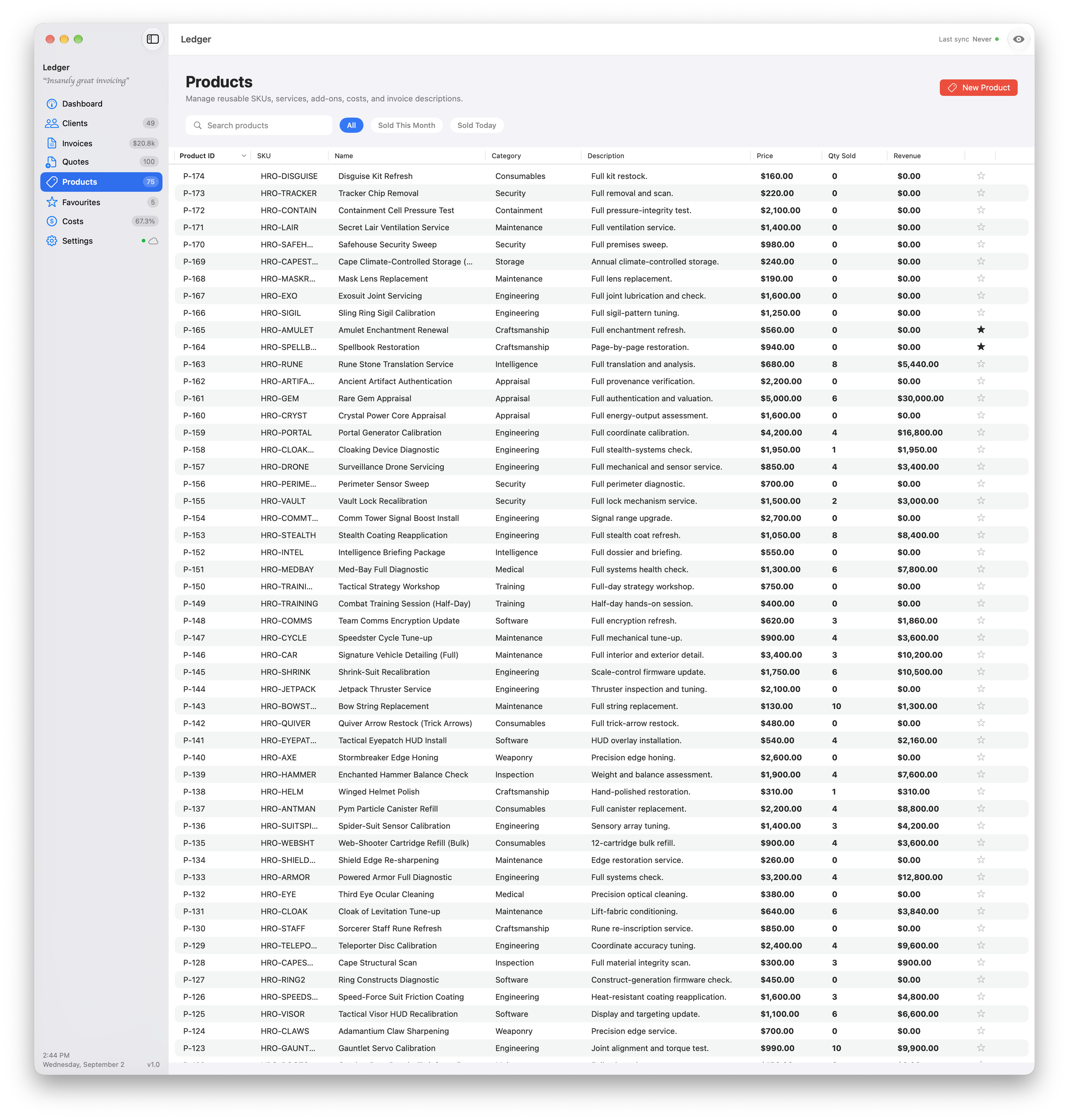 The products list.