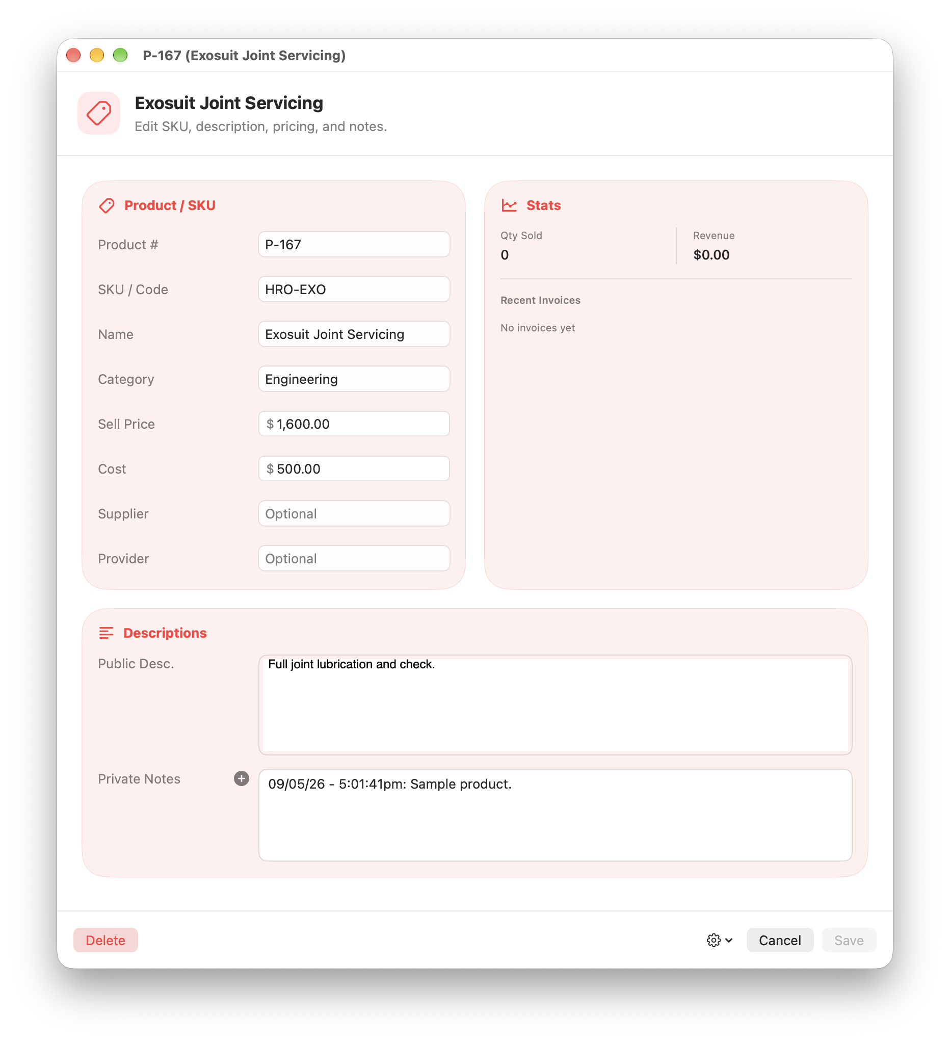 A saved product, with the price, the cost and the notes that carry through onto an invoice.