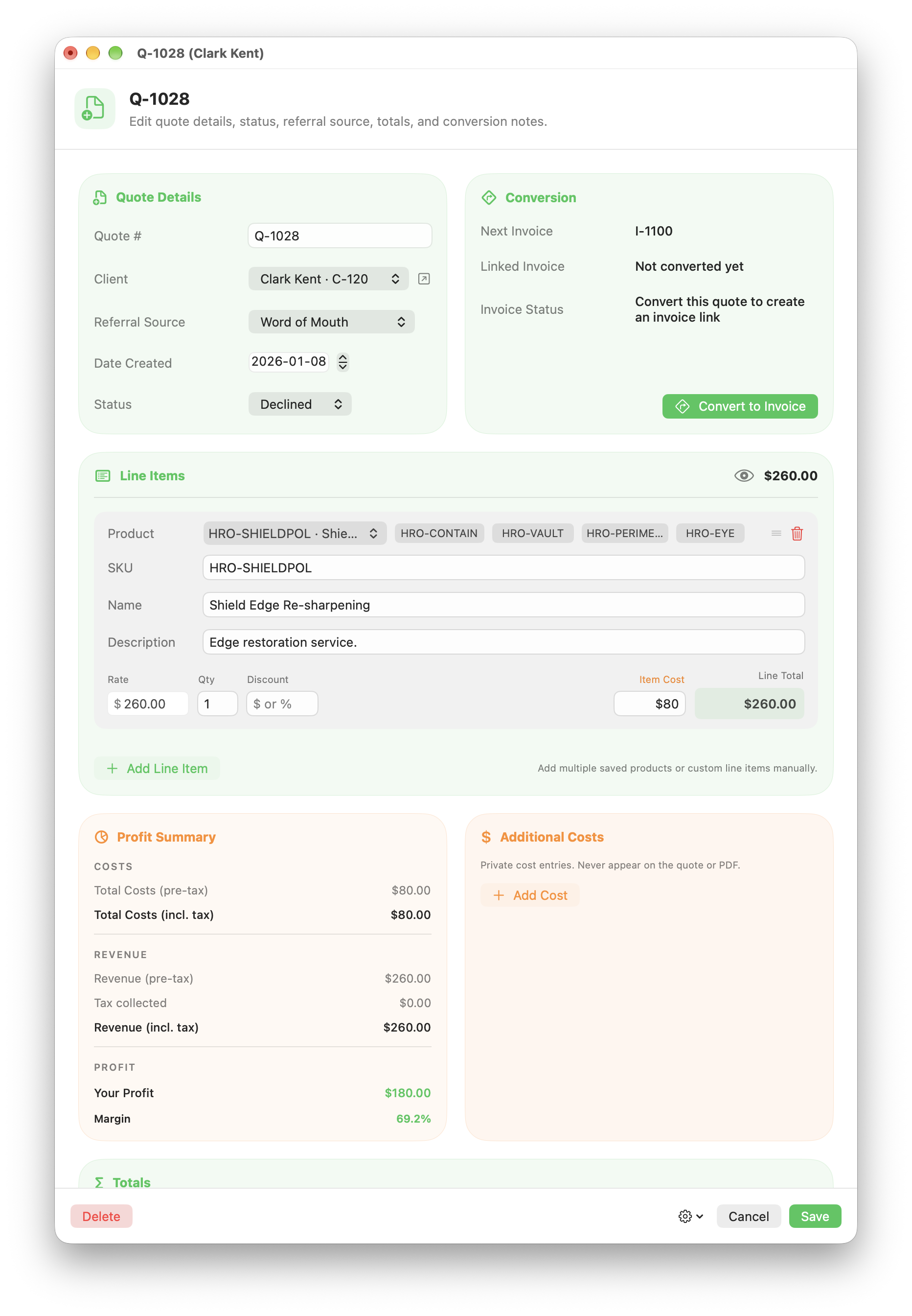 A quote open for editing, with a conversion panel that turns it into an invoice.