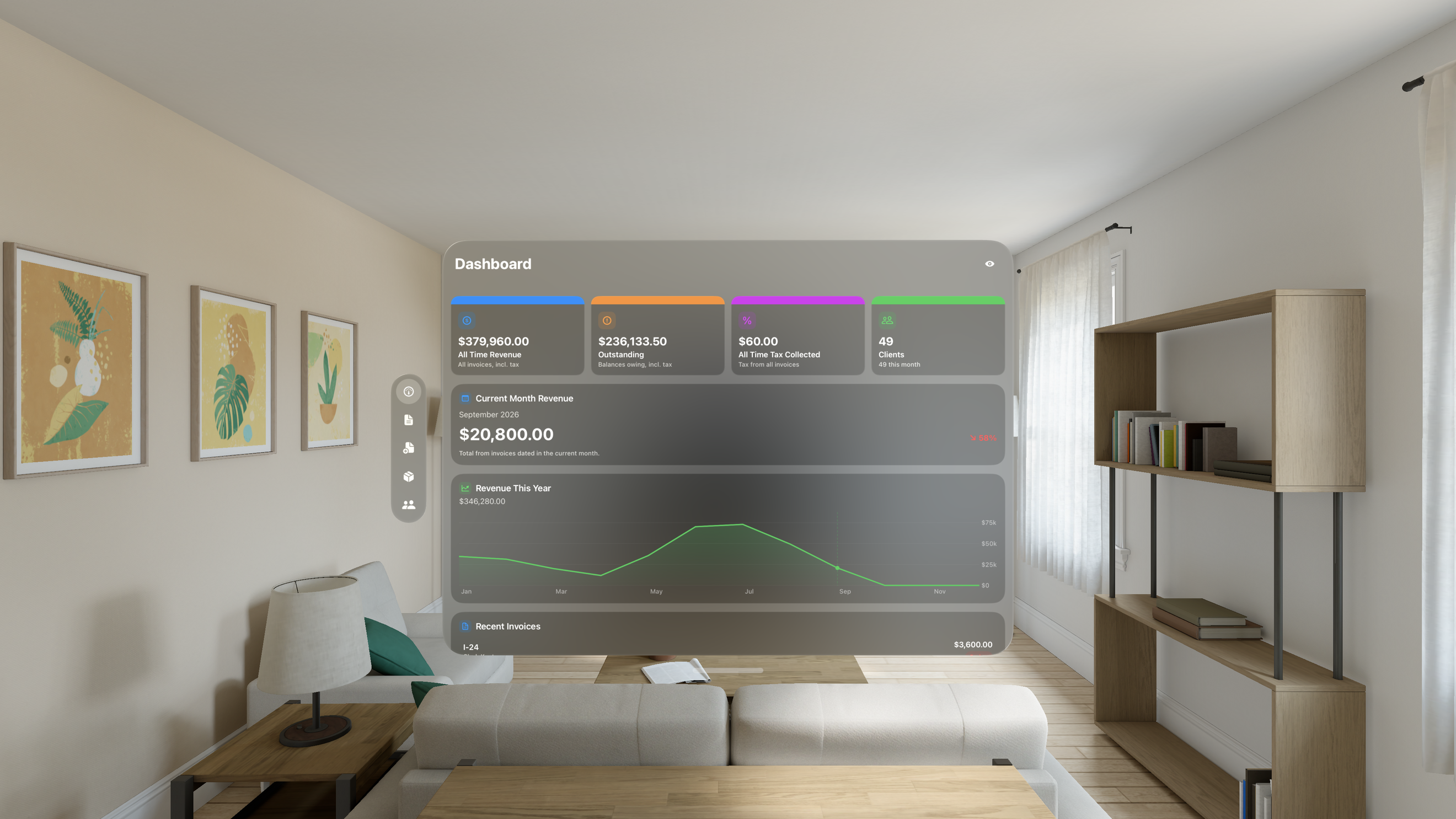 Ledger's dashboard placed in the room on Vision Pro.