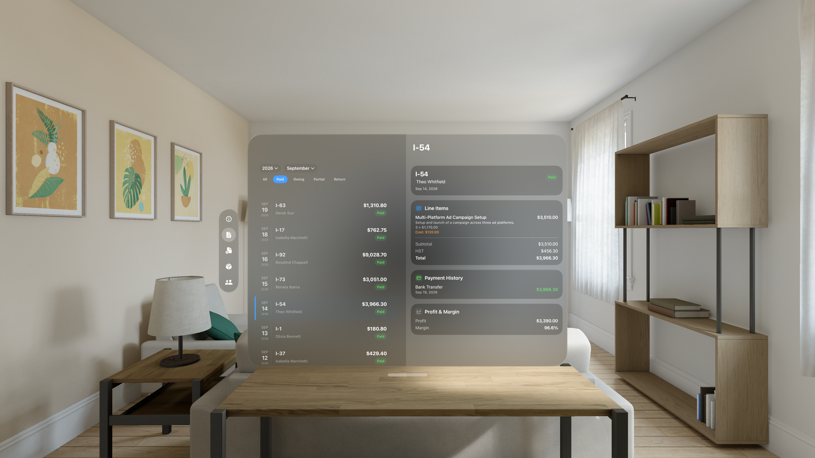 The Ledger invoice list and an open invoice shown side by side on Apple Vision Pro.