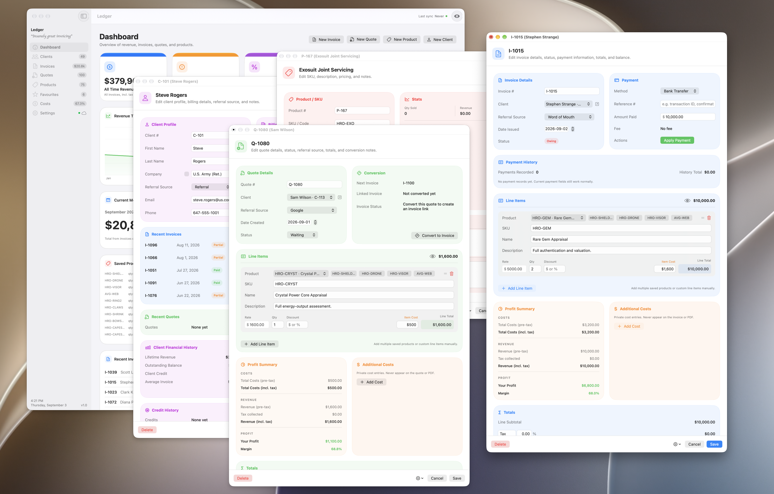 Several Ledger windows open at once, so invoices, quotes and reports sit side by side.