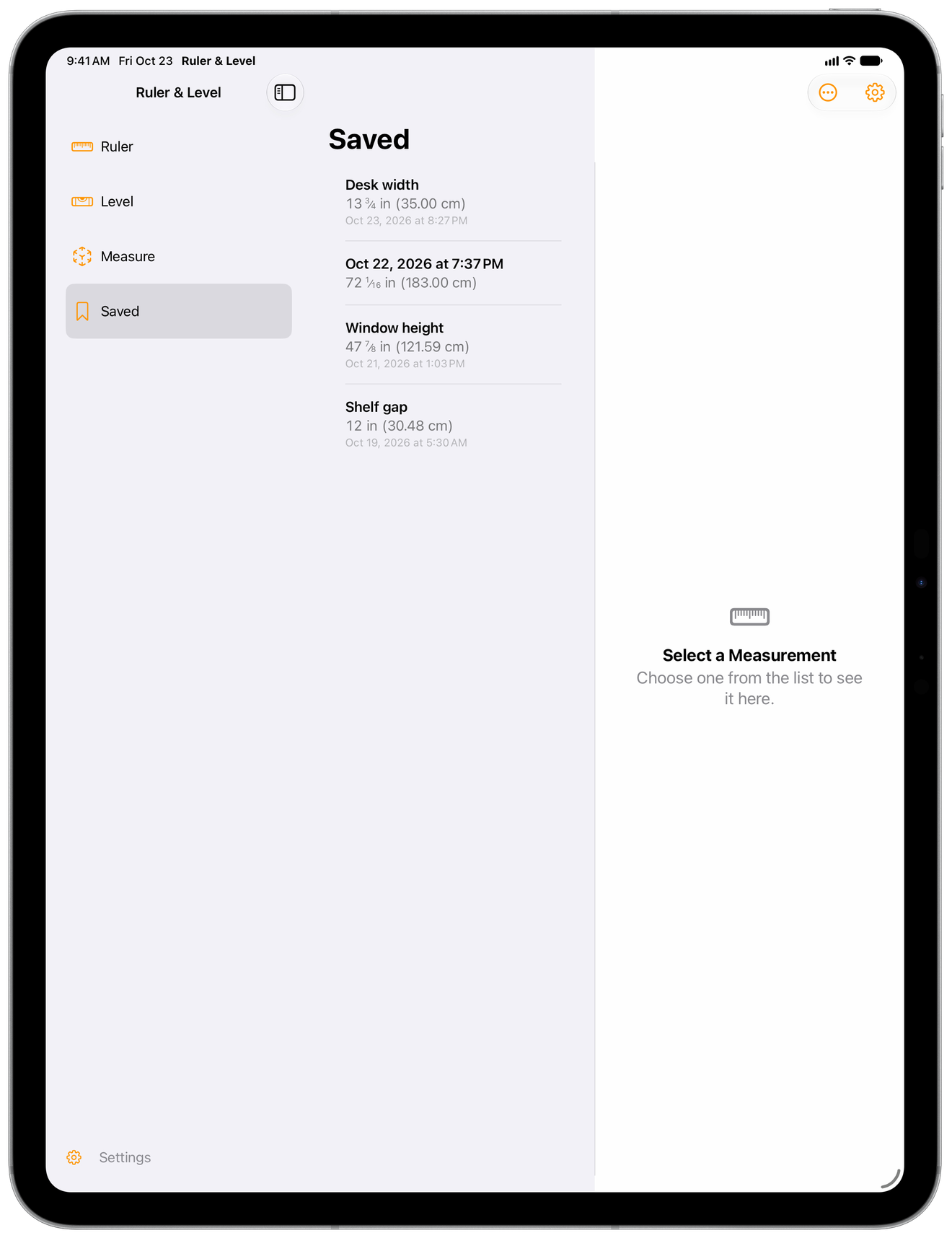Measure's list of named saved measurements on an iPad, including desk width and window height.