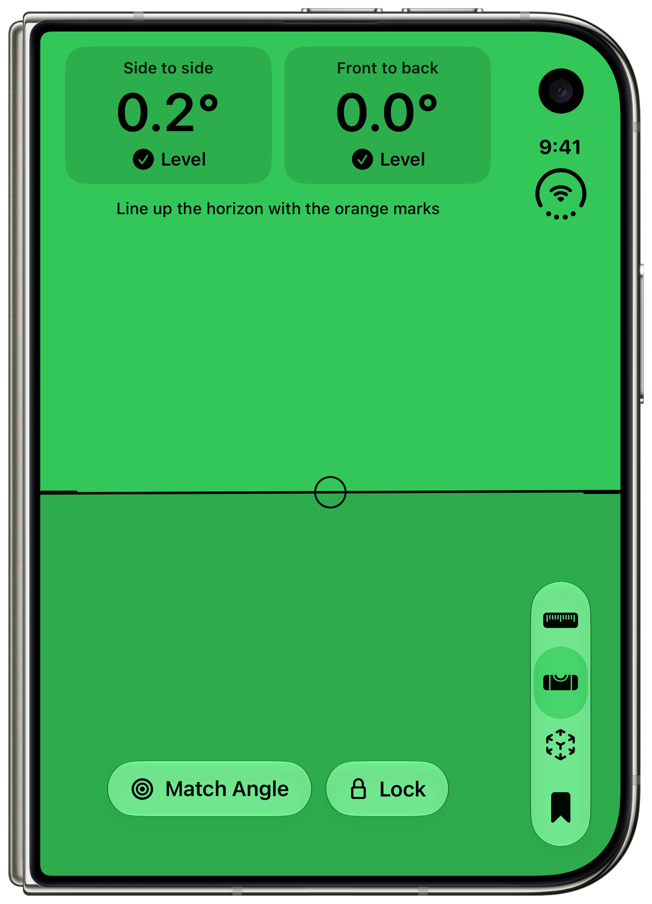 Measure's horizon level in green on the outer screen of a folded iPhone Duo.