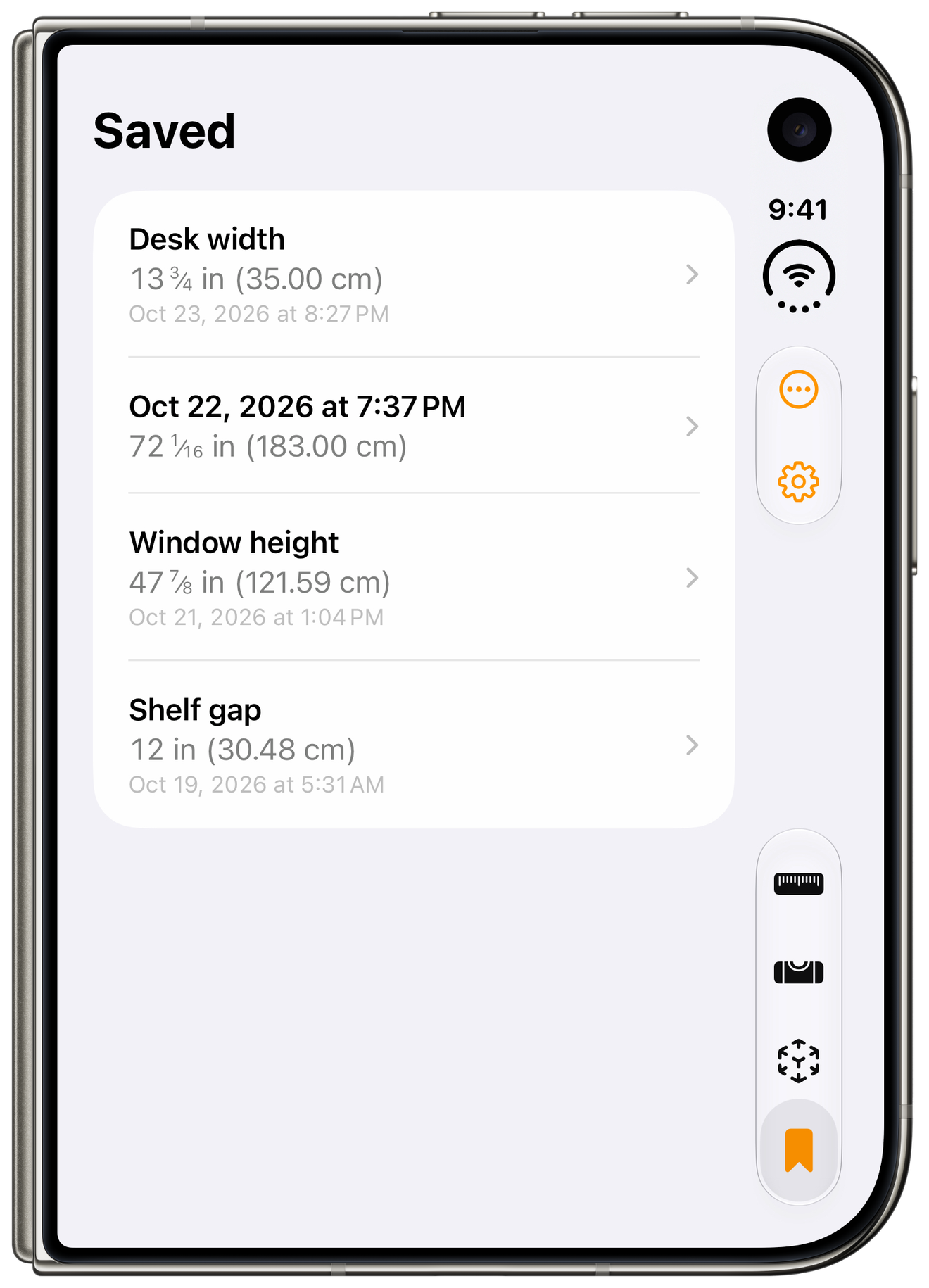 Measure's saved measurements on the outer screen of a folded iPhone Duo.