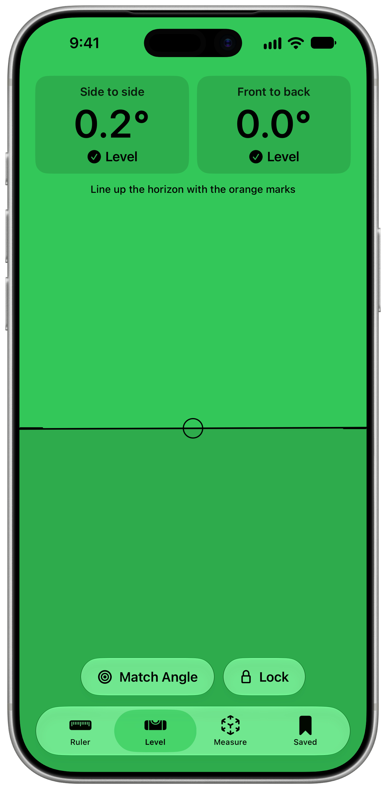 Measure's level on an iPhone stood on its edge, with a horizon line to match up and both readings at 0.2 and 0.0 degrees.