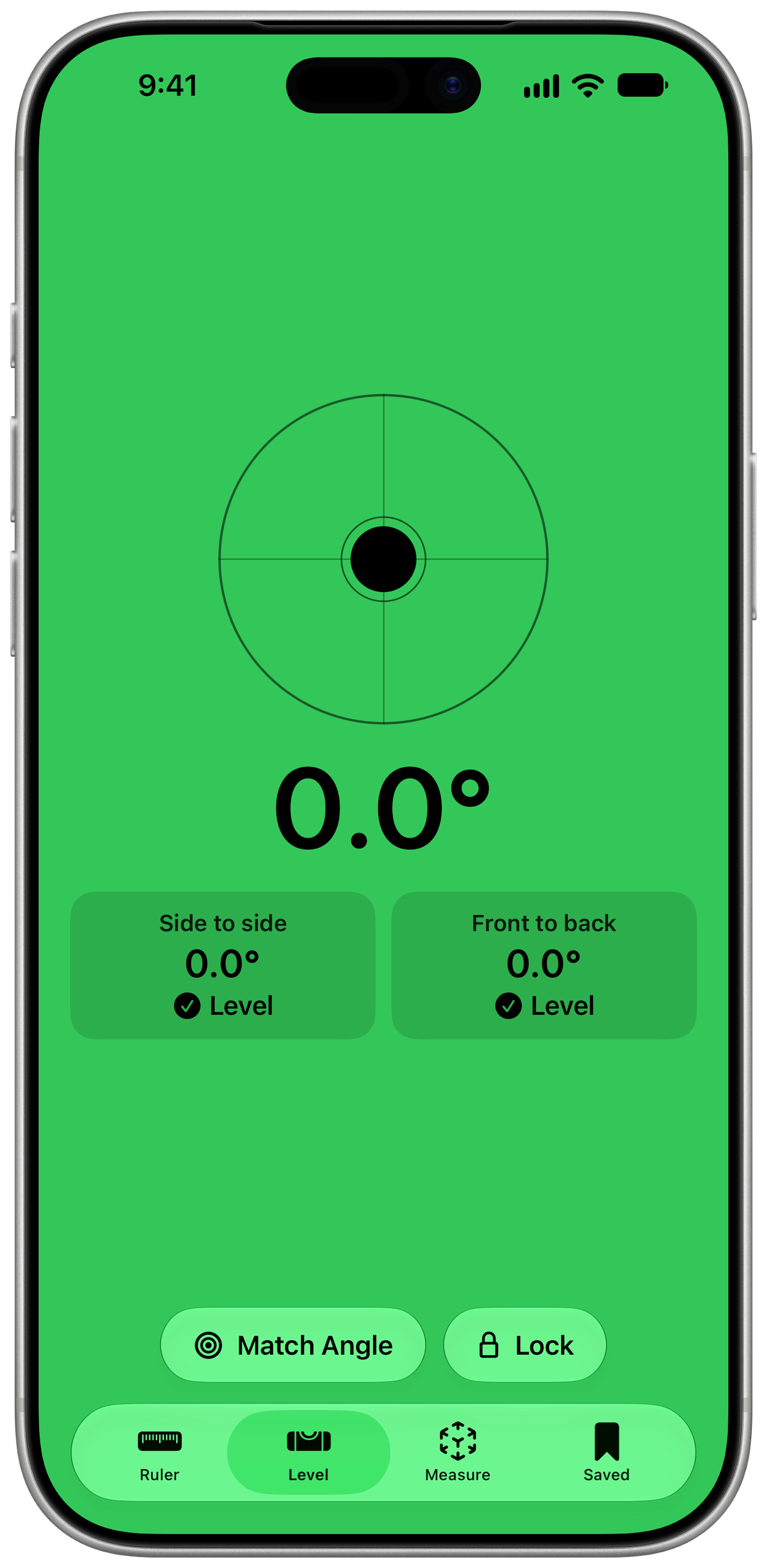 Measure's bubble level turning green when level, shown on an iPhone.