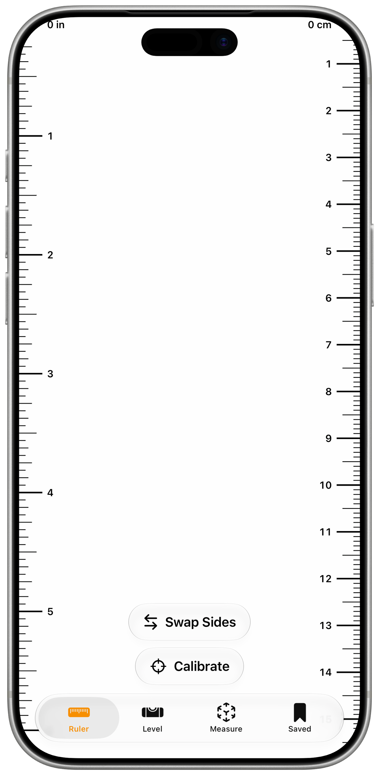 Measure's on-screen ruler on an iPhone, with inches on the left and centimetres on the right.