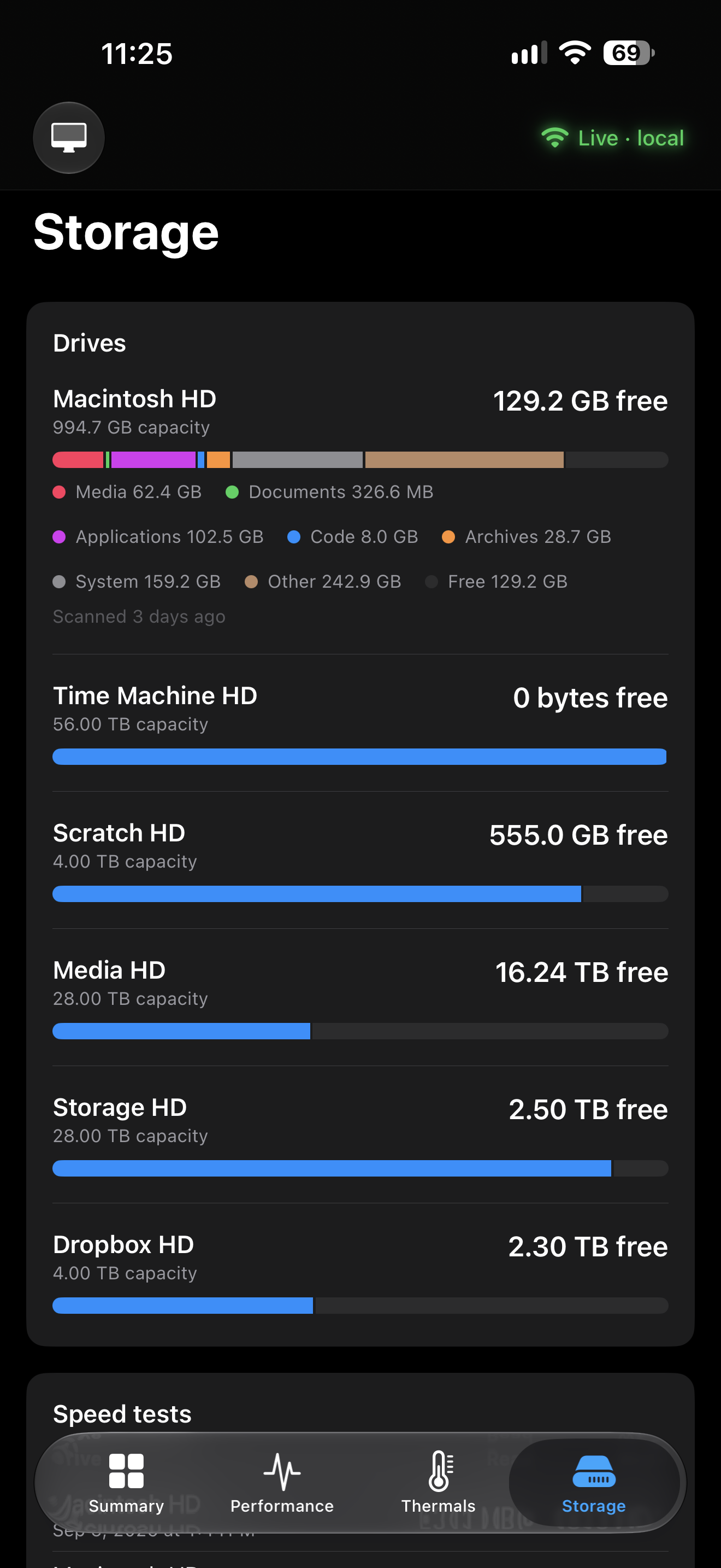 Drives and capacity in dark mode.