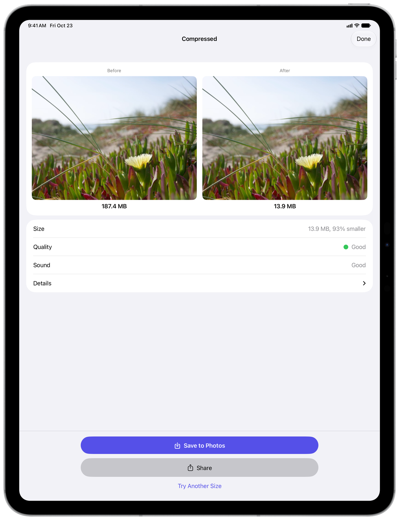 Video Compressor on iPad showing a before and after comparison of a compressed video, with the new size and quality.