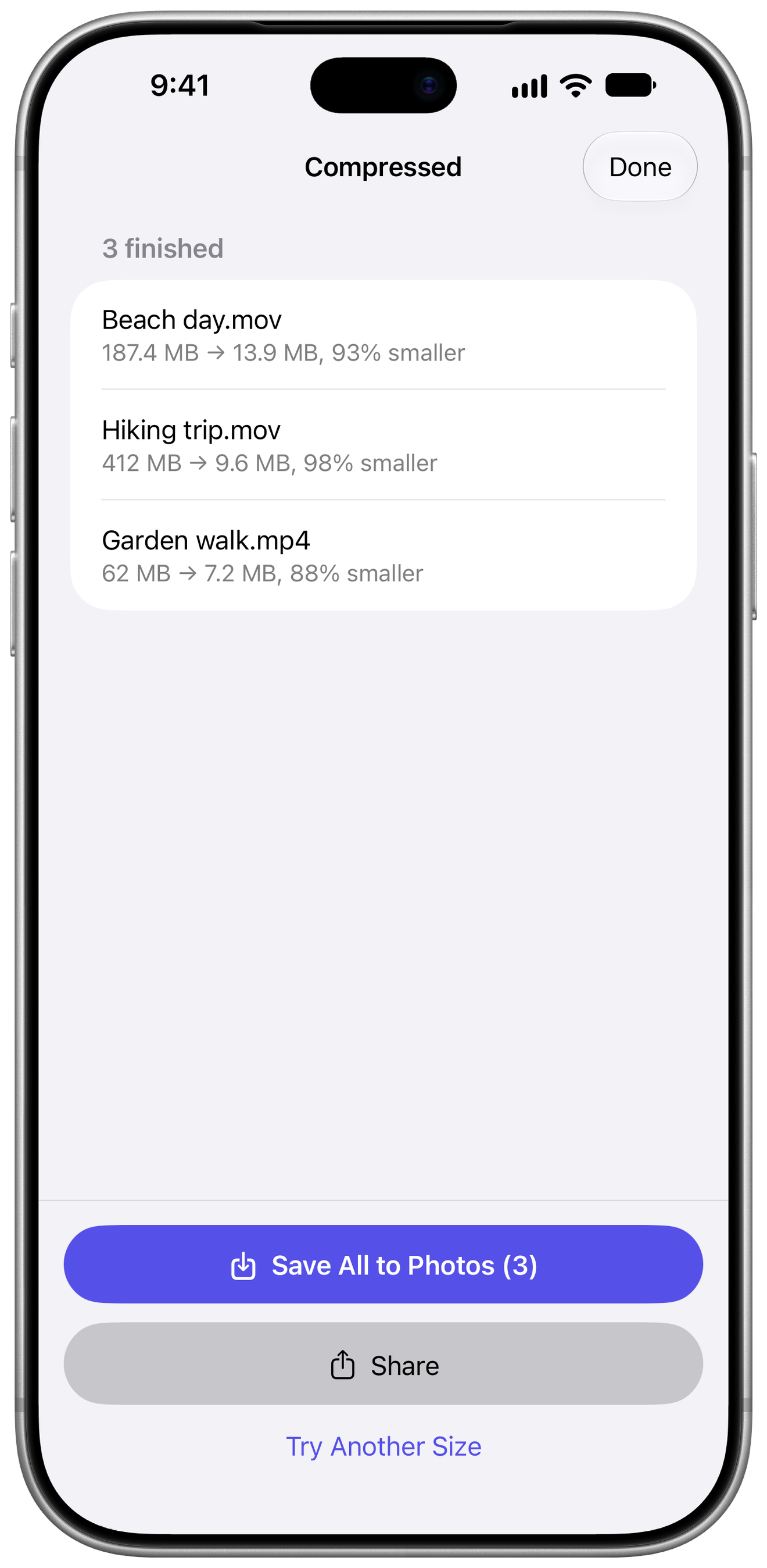 Video Compressor on iPhone listing three finished videos with their before and after sizes and a Save All to Photos button.