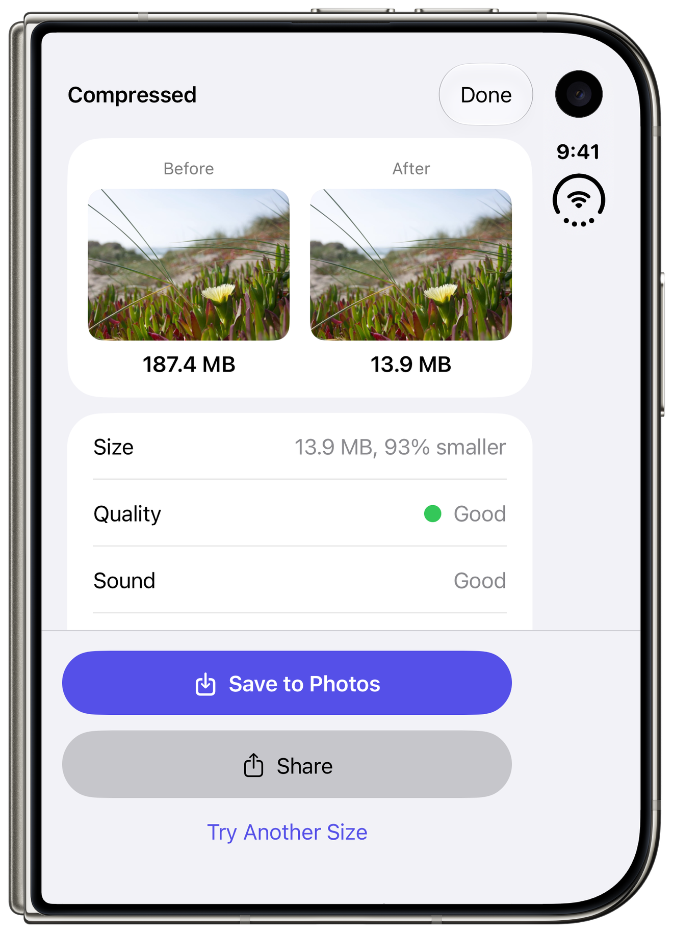 Video Compressor on the outer screen of a folded iPhone Duo, showing a video compressed from 187.4 MB to 13.9 MB.