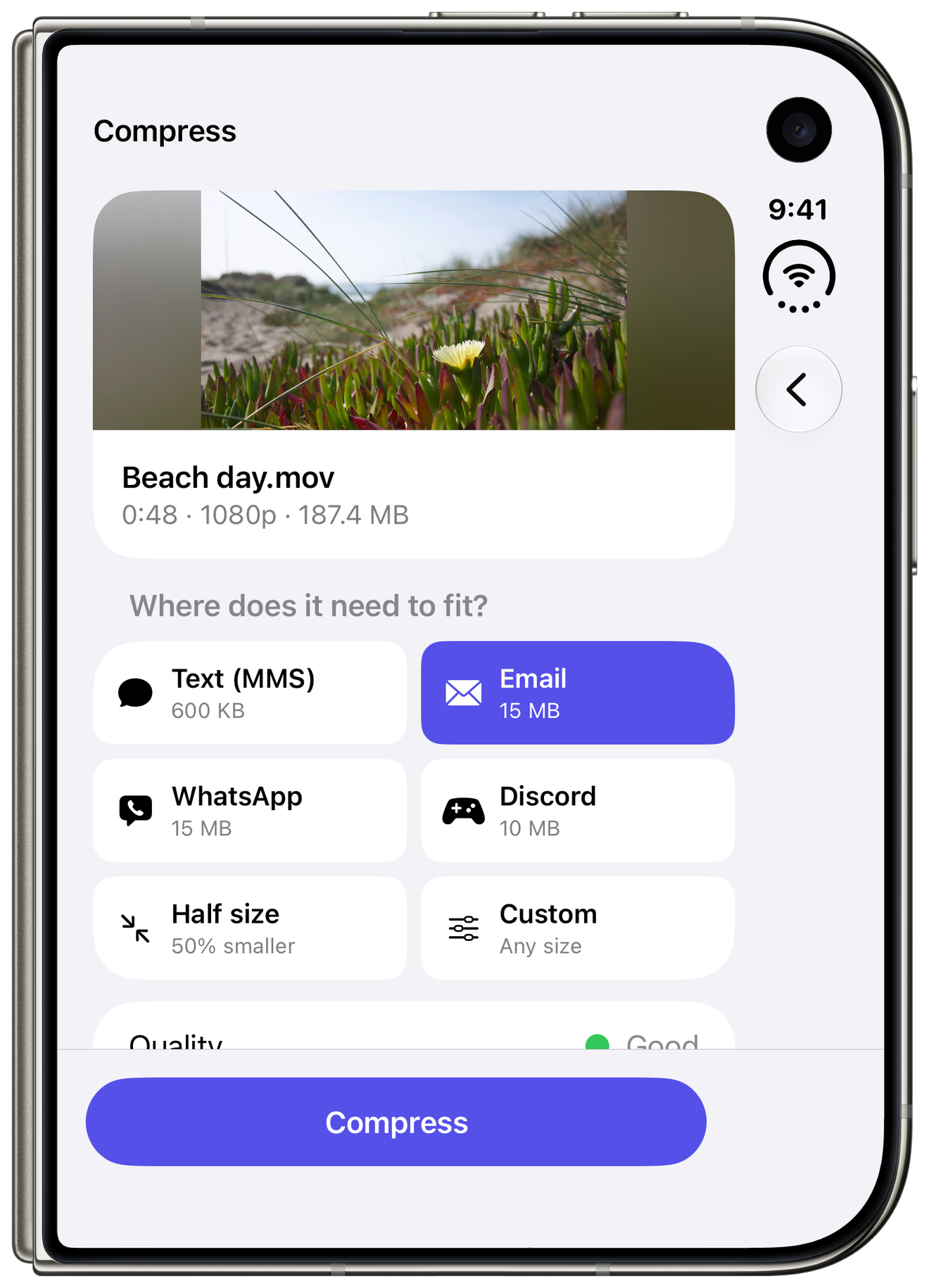 Video Compressor on the outer screen of a folded iPhone Duo, with the destination choices and a Compress button.