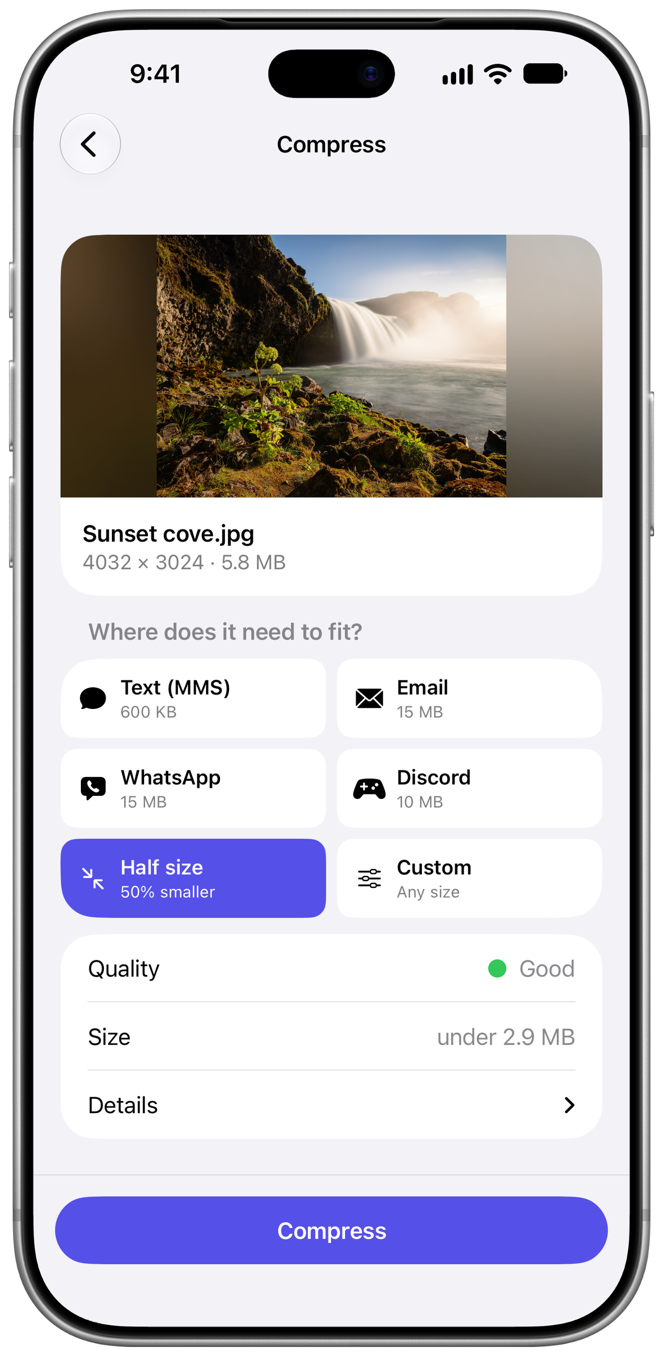 Video Compressor on iPhone resizing a photo of a waterfall that is 5.8 MB, with the Half size option selected.