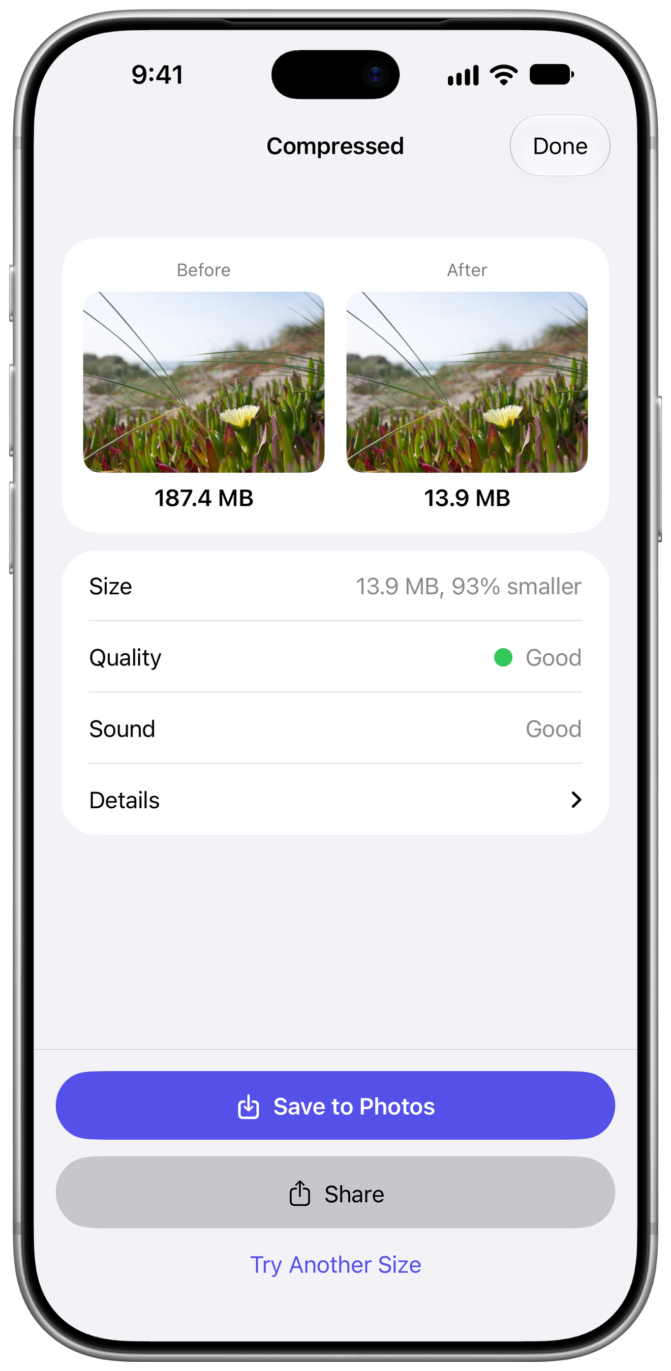 Video Compressor on iPhone showing a video shrinking from 187.4 MB to 13.9 MB, 93% smaller, with Save to Photos and Share buttons.