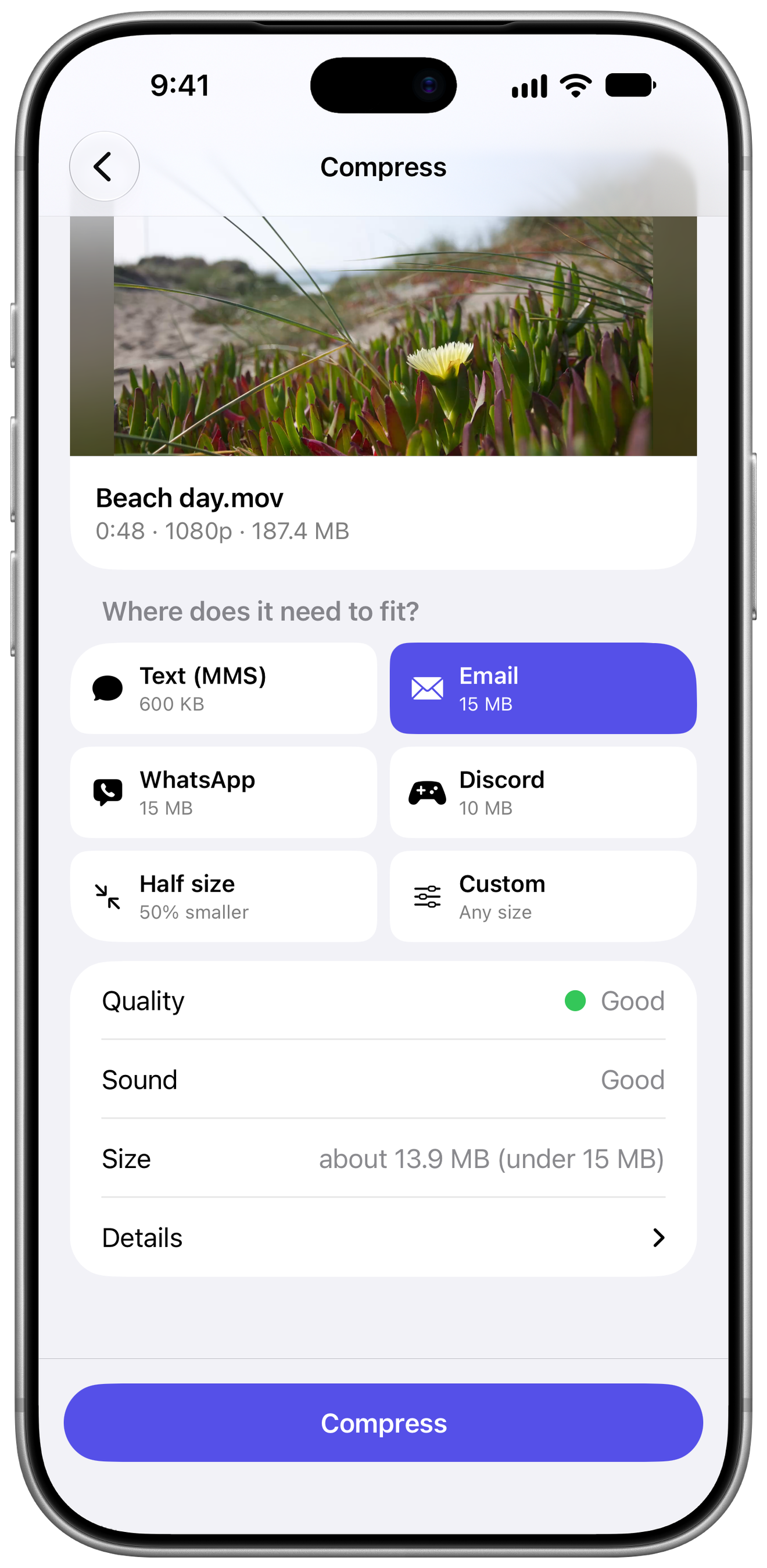 Video Compressor on iPhone, with Email chosen as the destination and the expected quality and size shown before compressing.